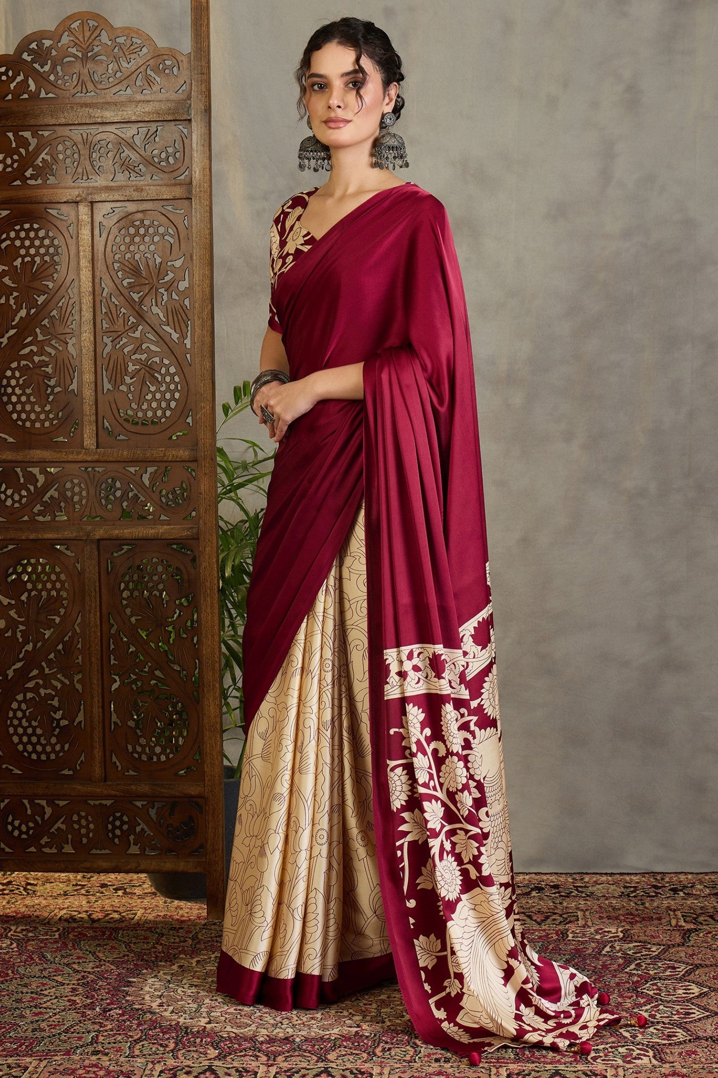 Buy MySilkLove Vintage Maroon Kalamkari Printed Satin Silk Saree Online