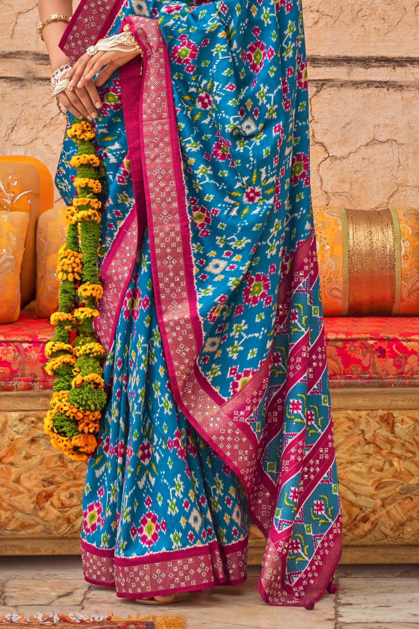 Buy MySilkLove Pacific Blue Printed Patola Saree Online