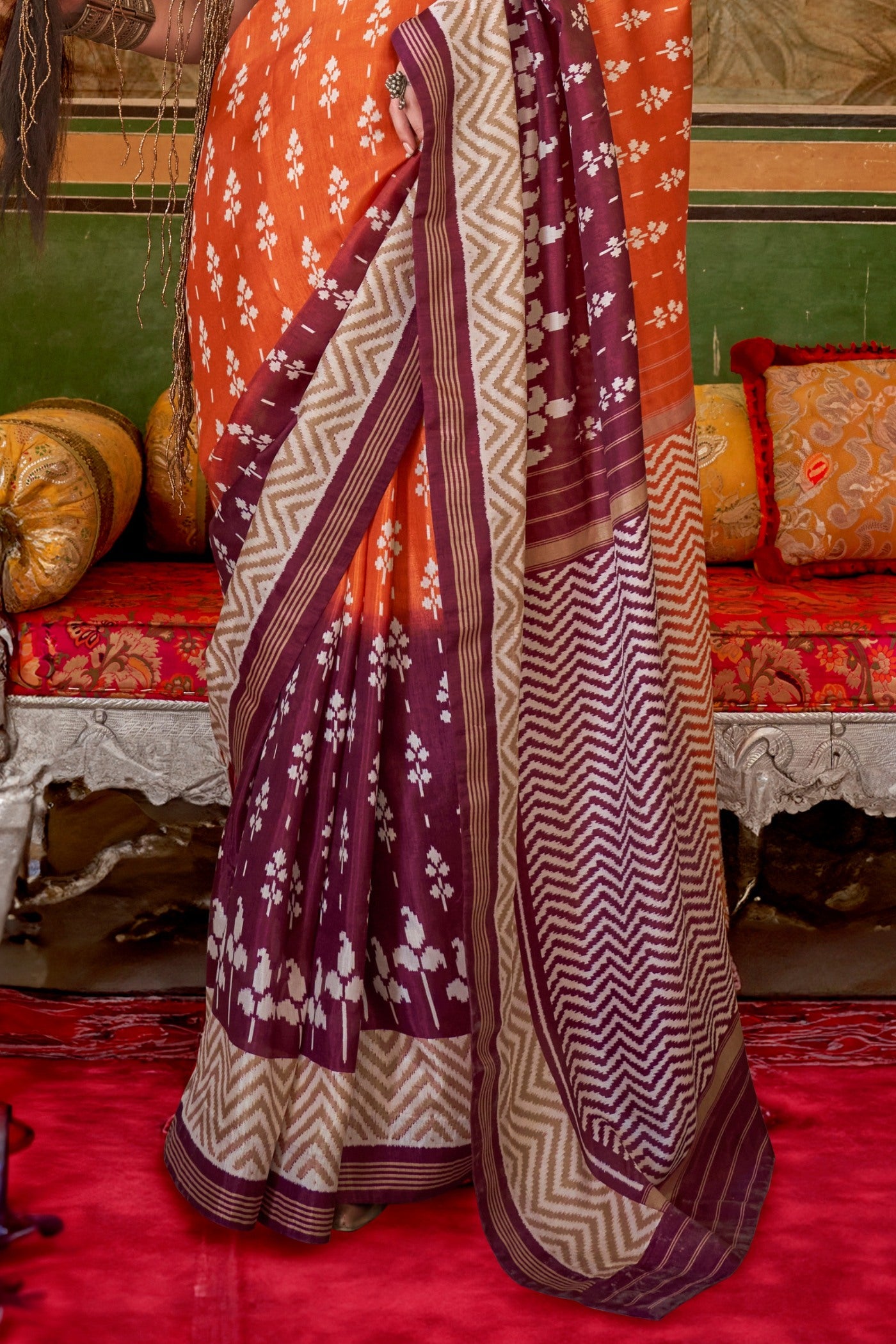 Buy MySilkLove Flamingo Orange and Brown Printed Patola Saree Online