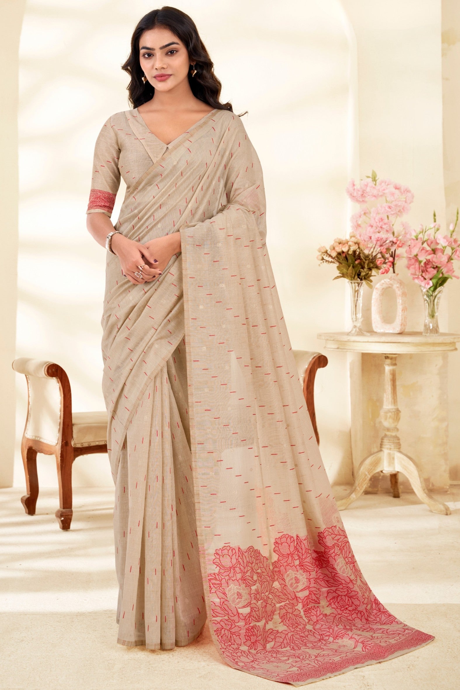 Buy MySilkLove Feather Cream and Pink Woven Modal Cotton Saree Online