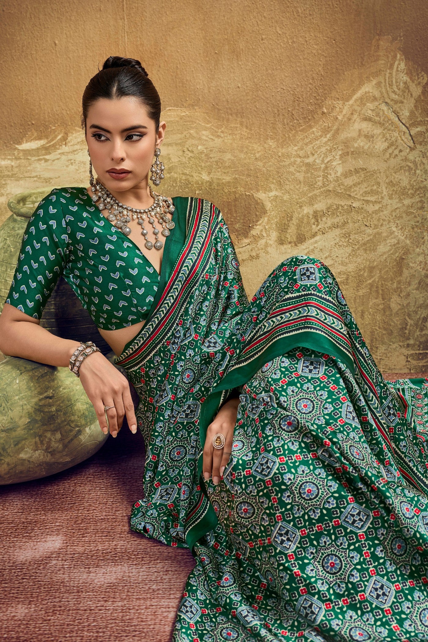 Buy MySilkLove Grass Green Modal Ajrakh Satin Printed Silk Saree Online