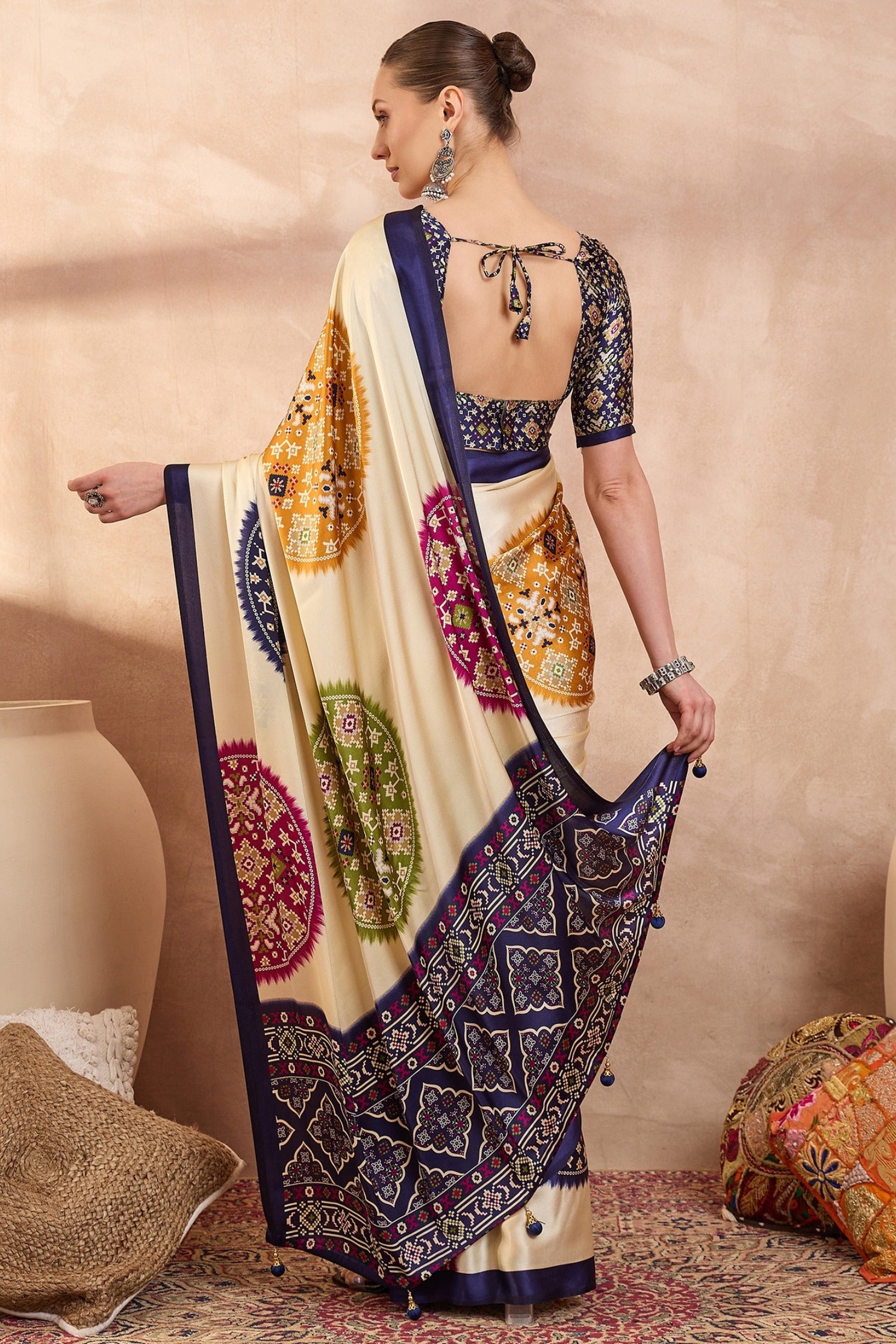 Buy MySilkLove Apricot Cream and Blue Modal Ajrakh Printed Silk Saree Online