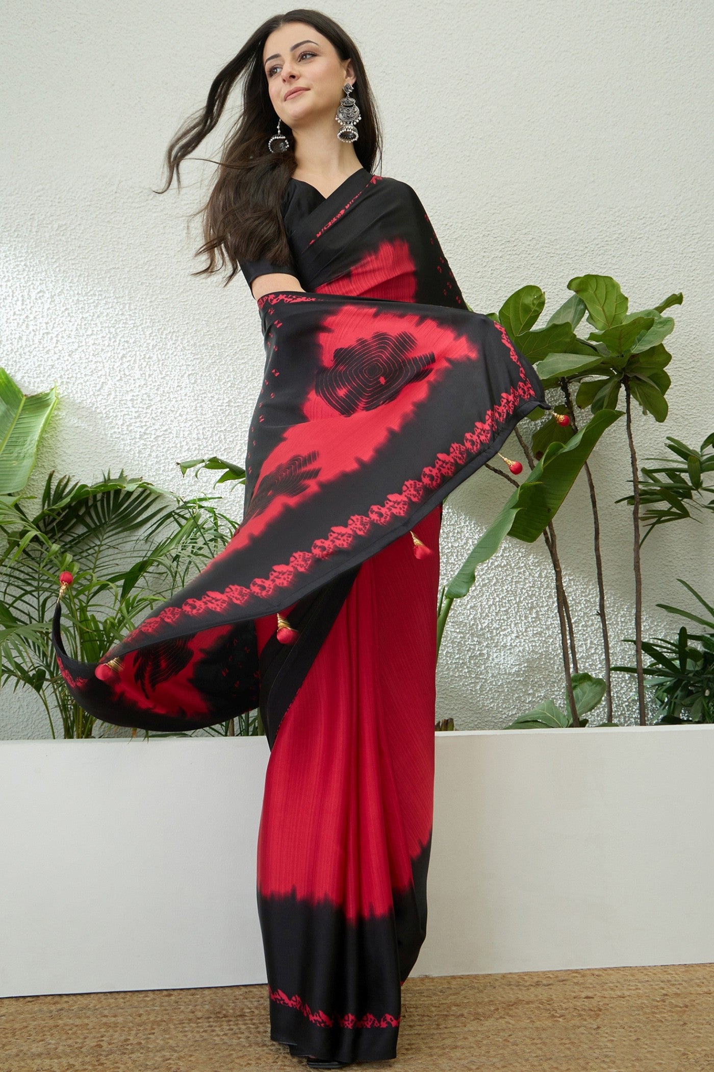Buy MySilkLove Imperial Red and Black Printed Satin Crepe Silk Saree Online