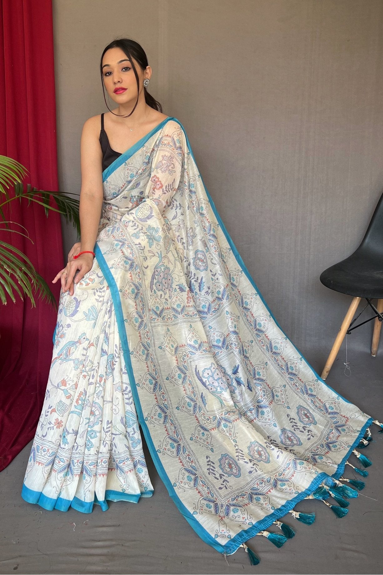 Buy MySilkLove River Blue and White Printed Cotton Saree Online