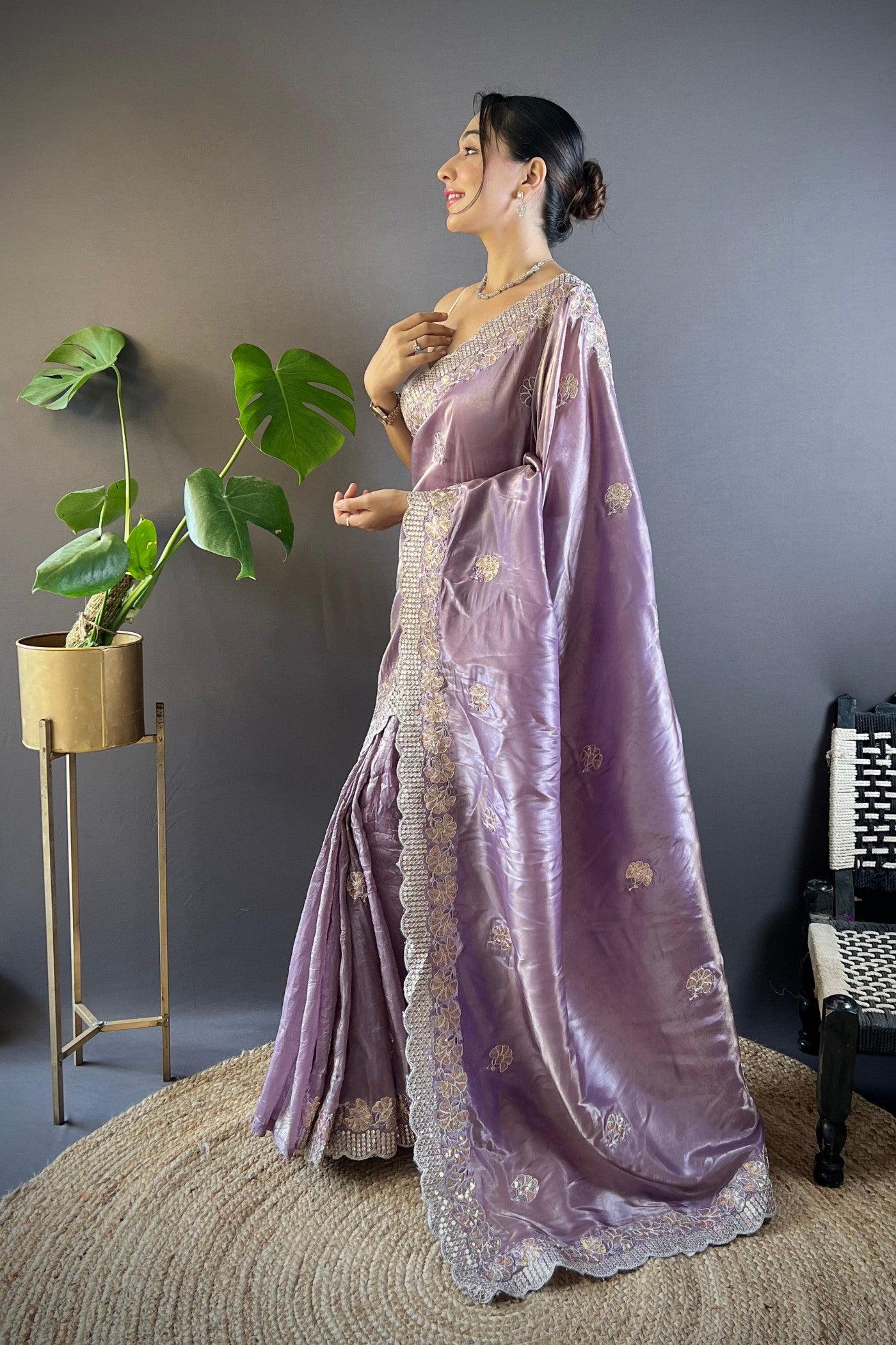 Buy MySilkLove Lilac Luster Purple Embroidered Party Wear Saree Online