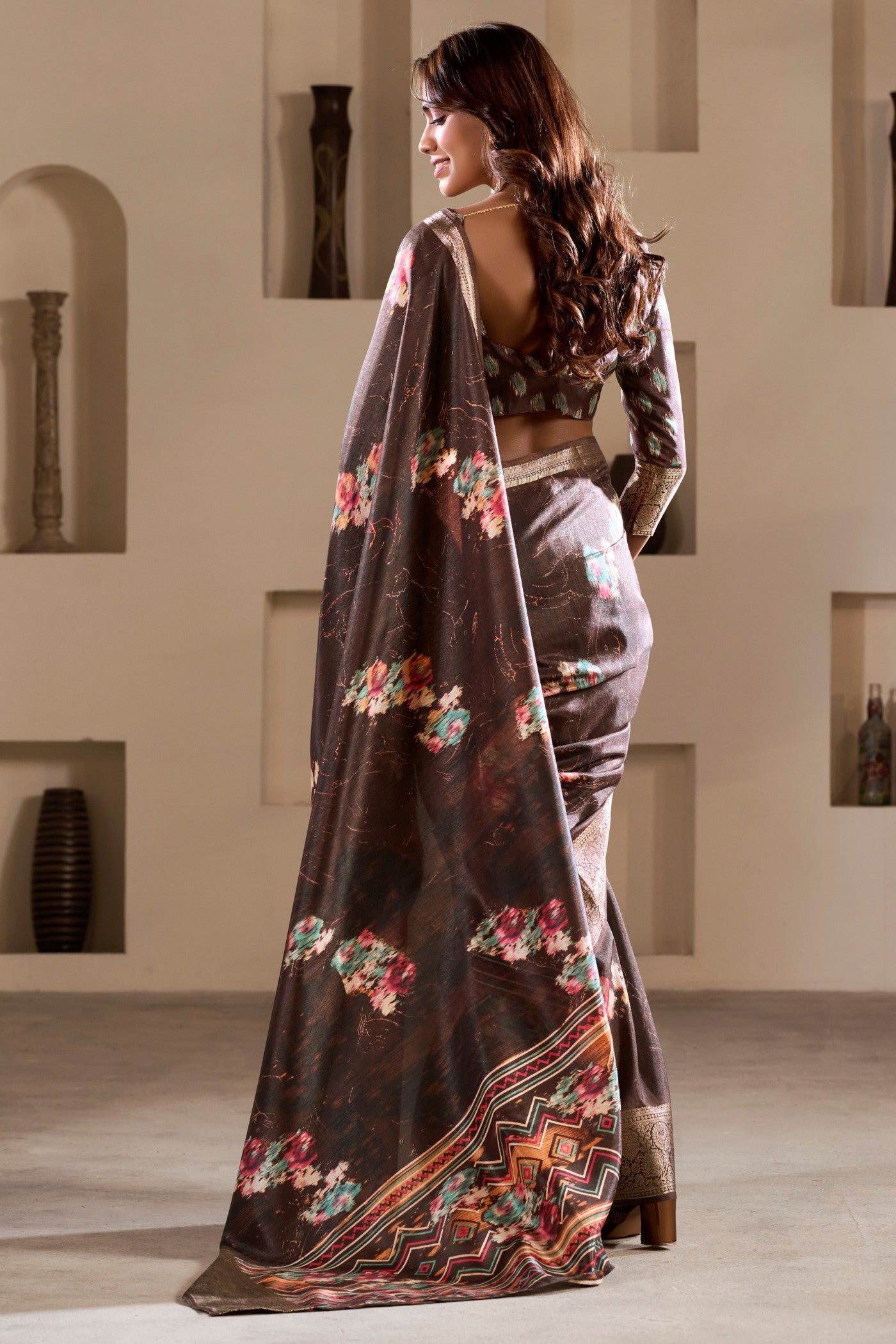 Buy MySilkLove Americano Coffee Brown Printed Soft Dola Silk Saree Online