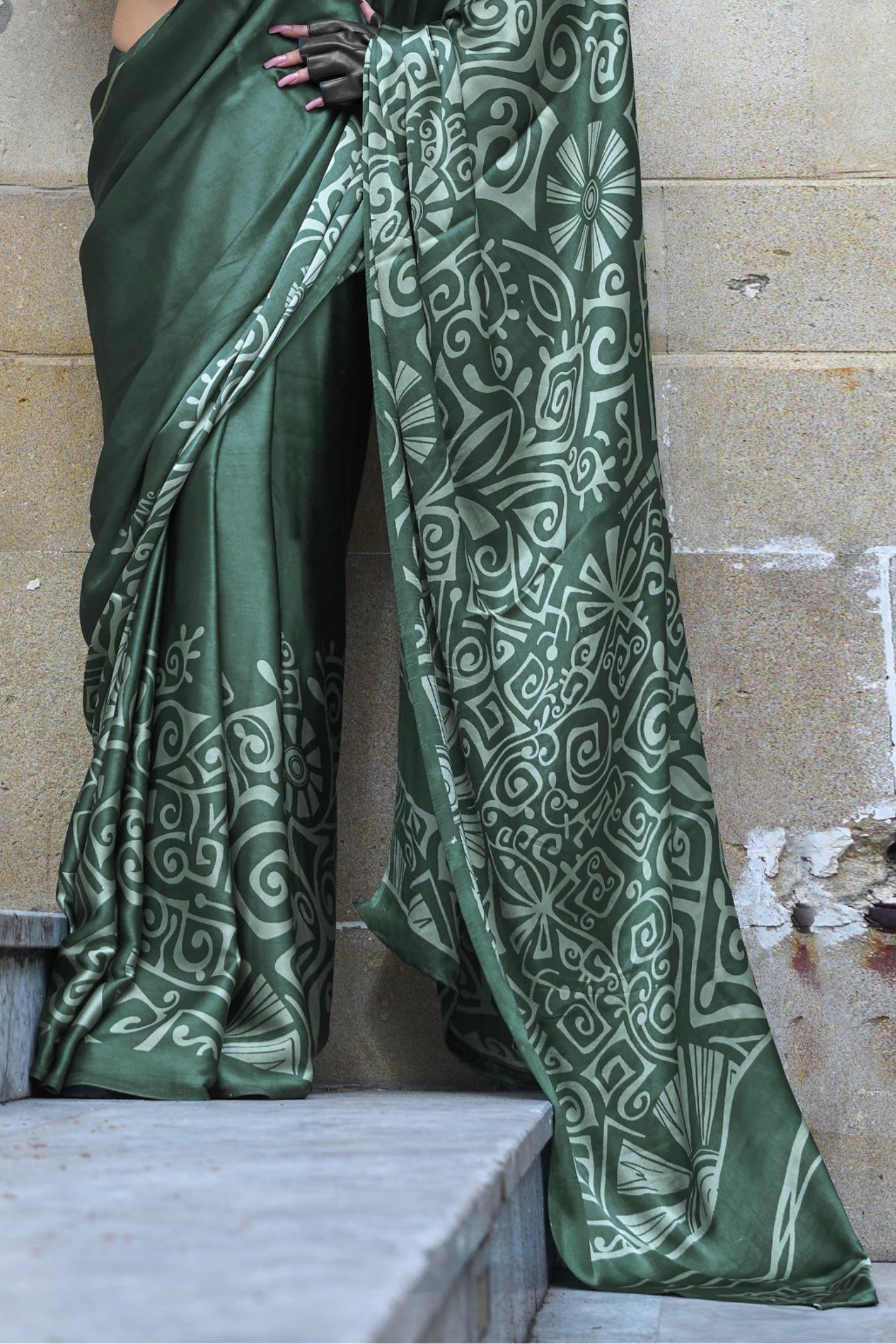 Buy MySilkLove Luster Green Printed Satin Crepe Silk Saree Online