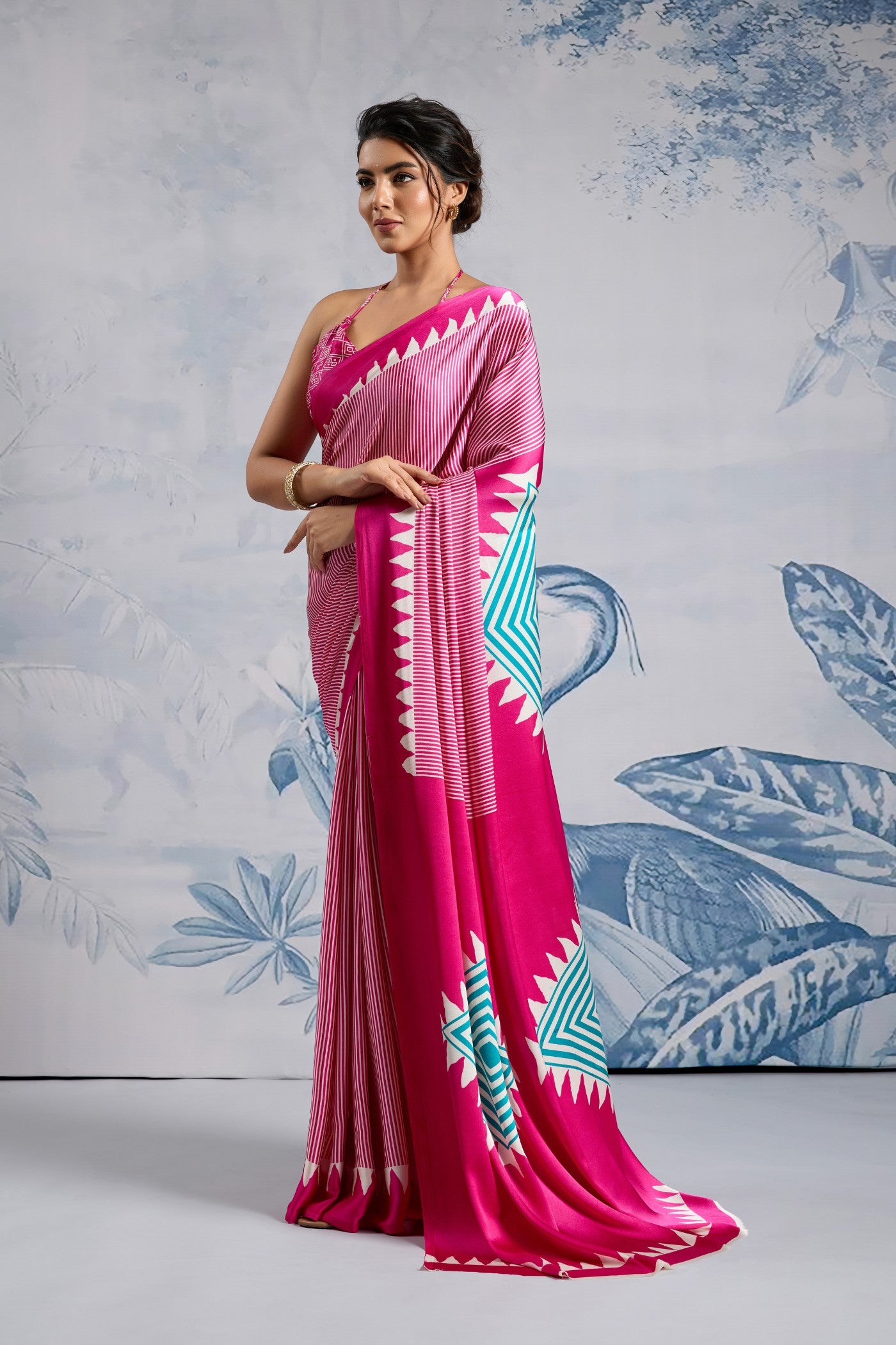 Buy MySilkLove Erica Pink Stripe Ajrakh Printed Satin Crepe Silk Saree Online