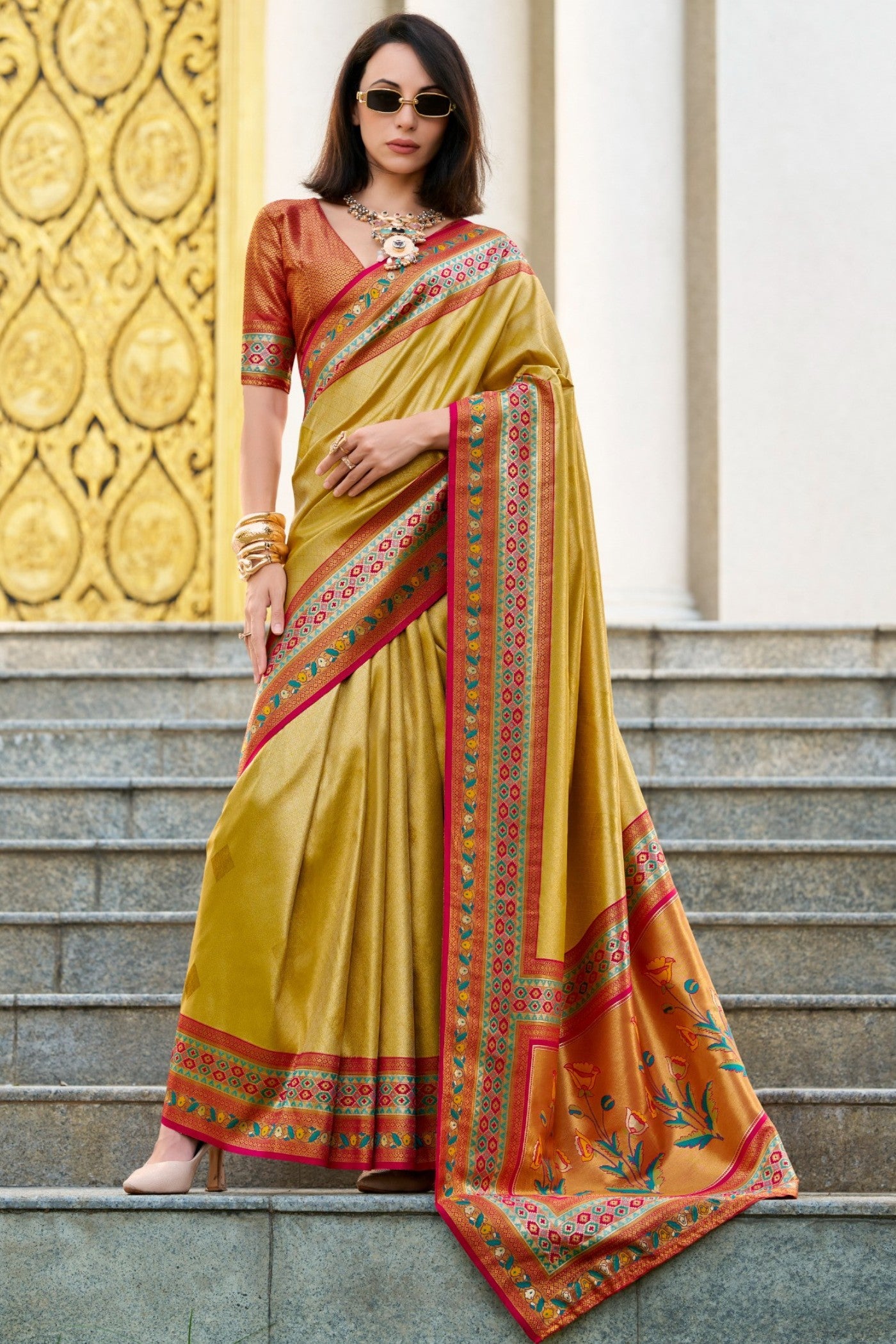 Buy MySilkLove Munsell Yellow Tissue Handloom Saree Online