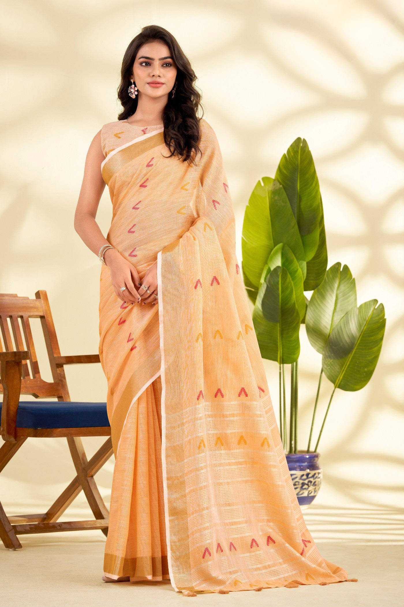 Buy MySilkLove Bisque Orange Woven Linen Saree Online
