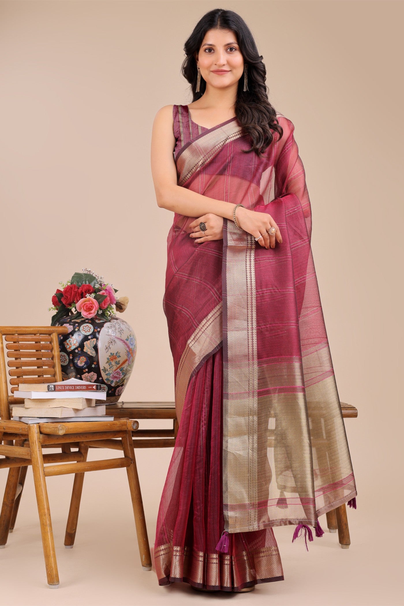 Buy MySilkLove Burgundy Maroon Woven Organza Saree Online