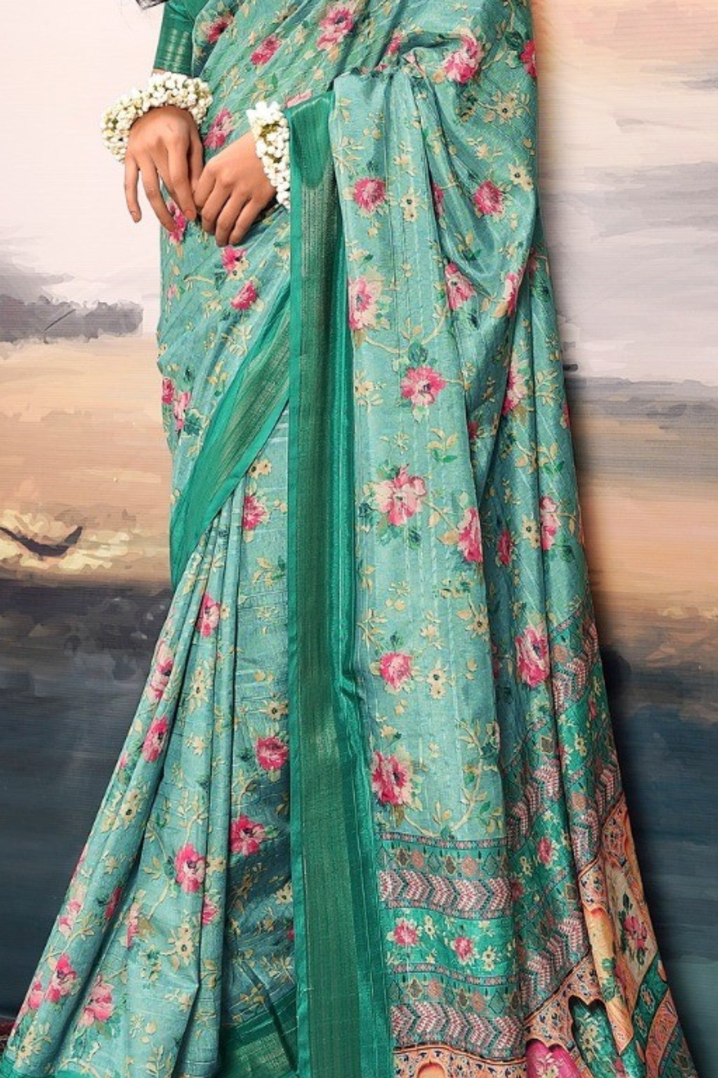 Buy MySilkLove Opal Blue Digital Printed Cotton Saree Online