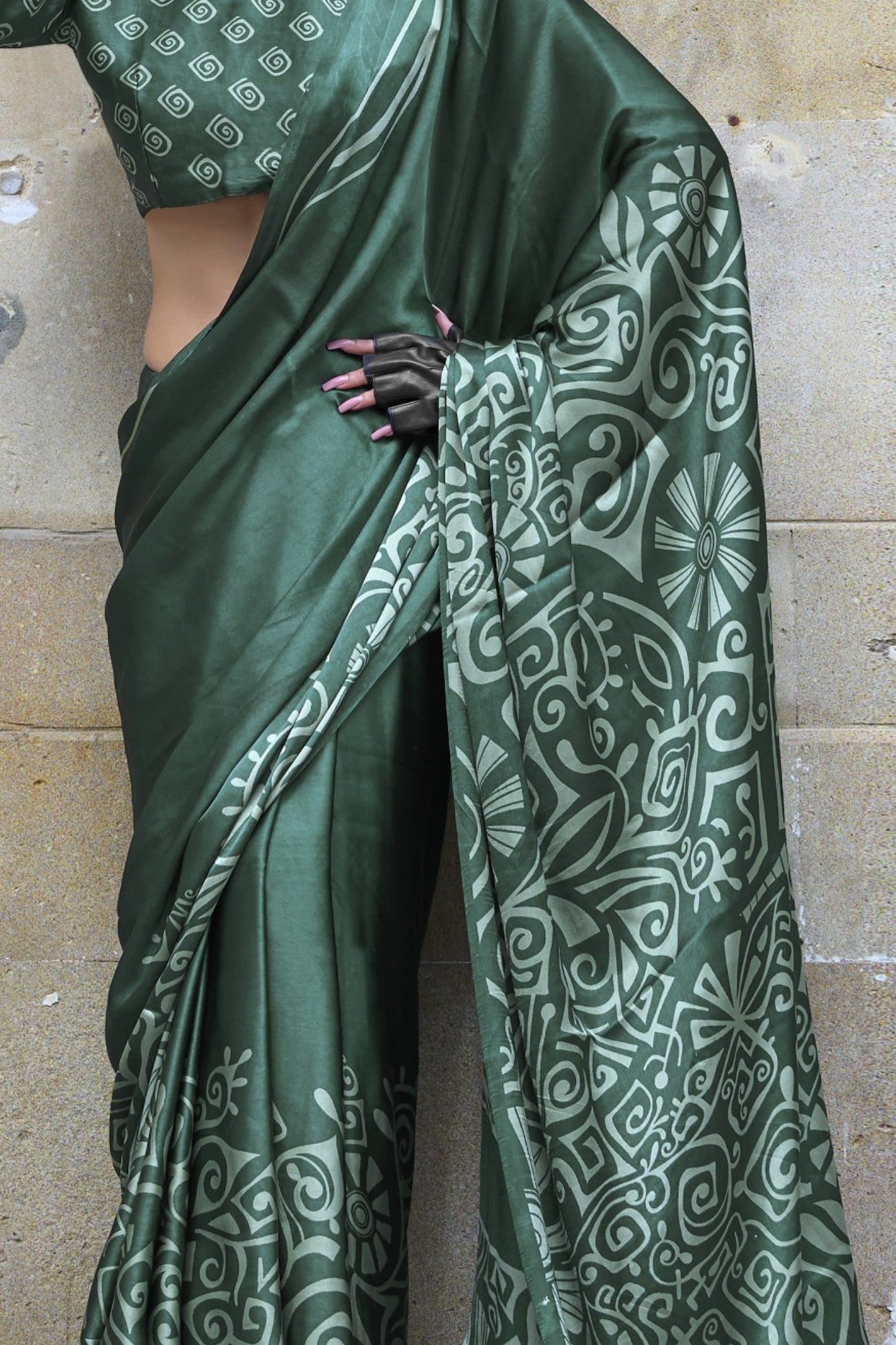 Buy MySilkLove Luster Green Printed Satin Crepe Silk Saree Online