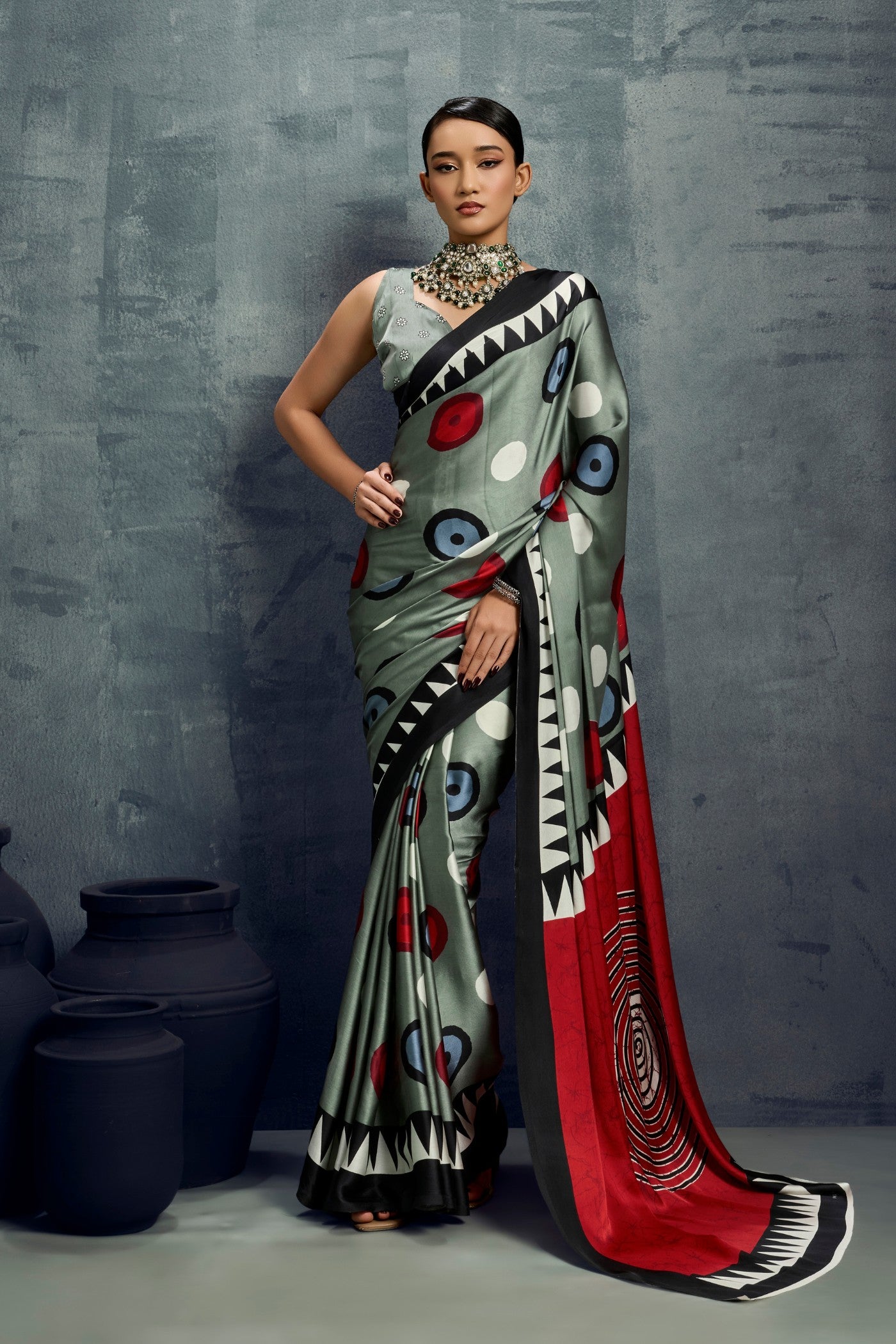 Buy MySilkLove Avocado Green Ajrakh Printed Satin Crepe Silk Saree Online