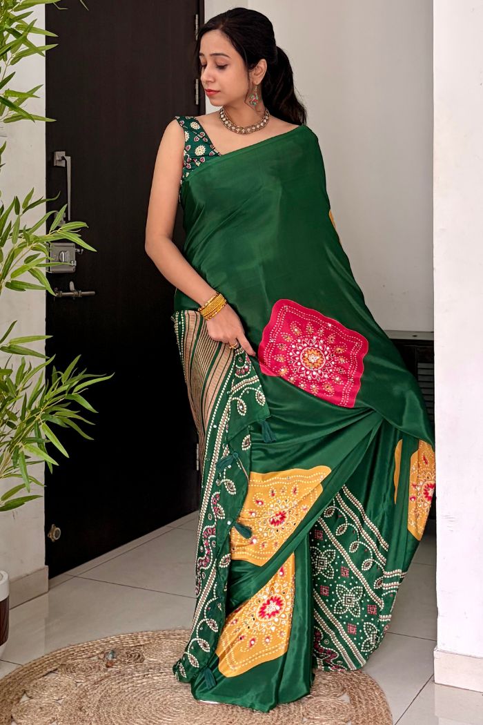 Buy MySilkLove Leaf Green Ajrakh Satin Printed Mirror Work Saree Online