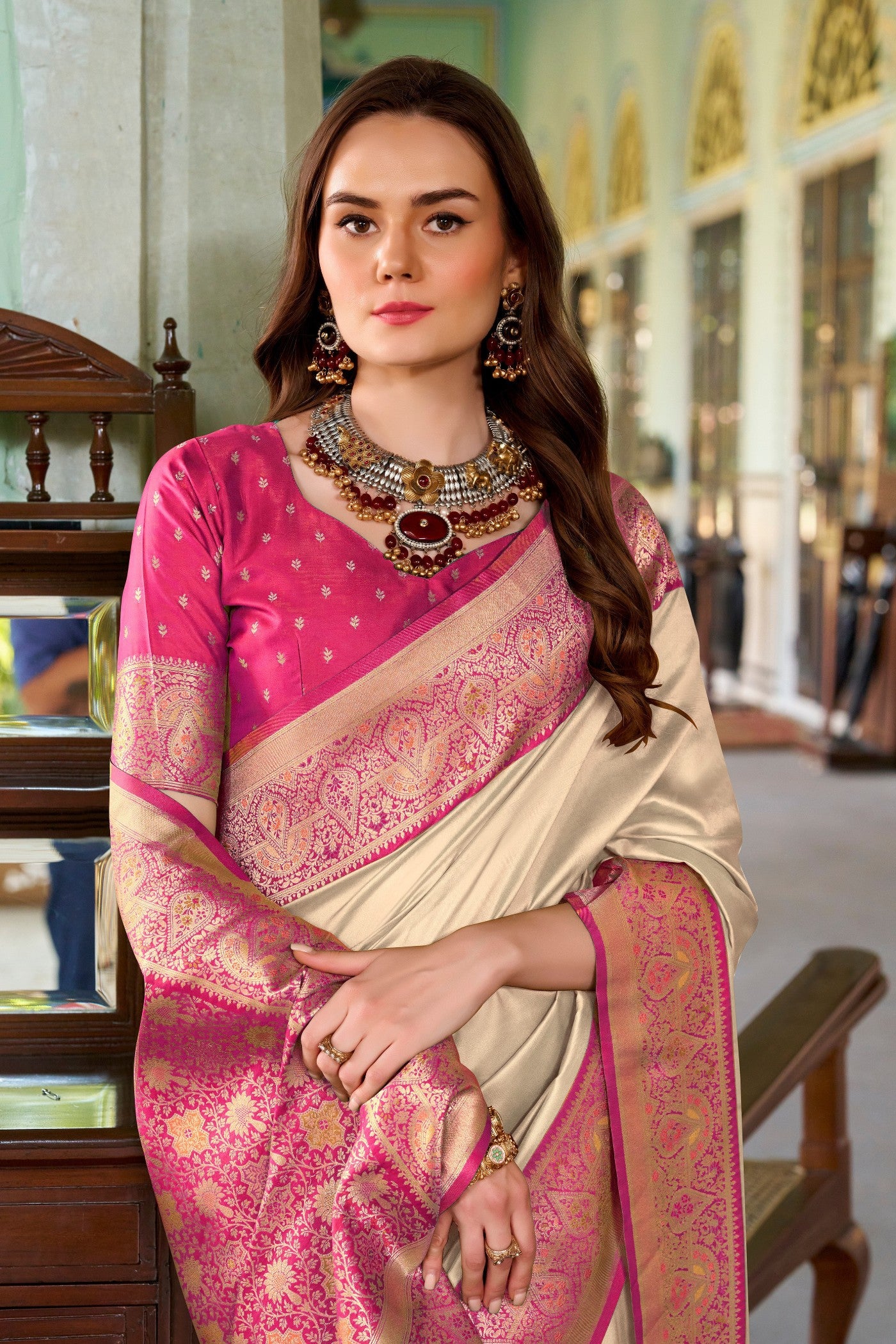 Buy MySilkLove Salt Cream Woven Banarasi Soft Silk Saree Online