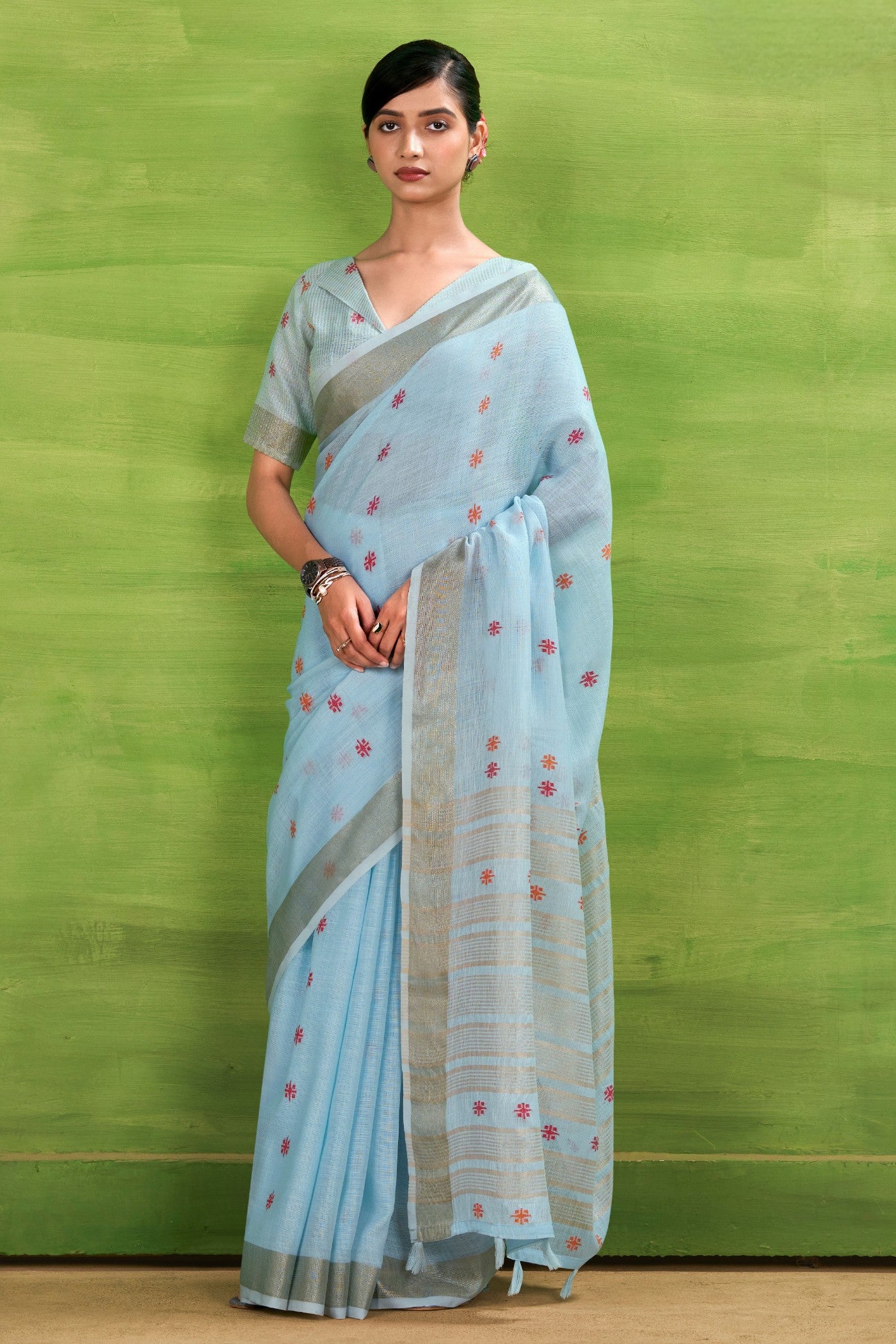 Buy MySilkLove Turquoise Blue Woven Linen Saree Online