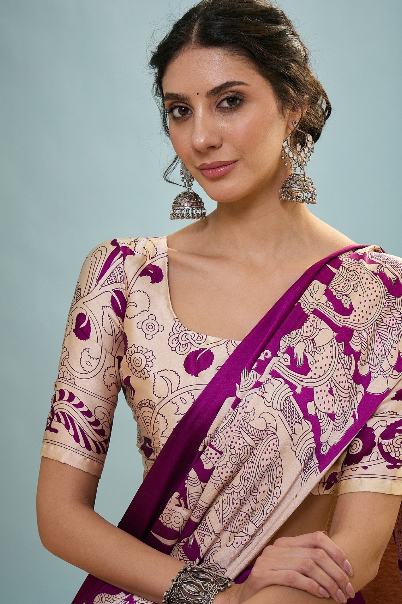 MySilkLove Jam Purple Ajrakh Printed Satin Crepe Silk Saree