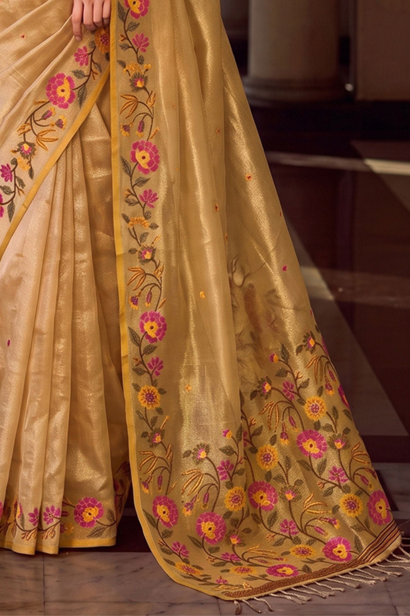 Buy MySilkLove Sunshine Yellow Woven Floral Tissue Saree Online