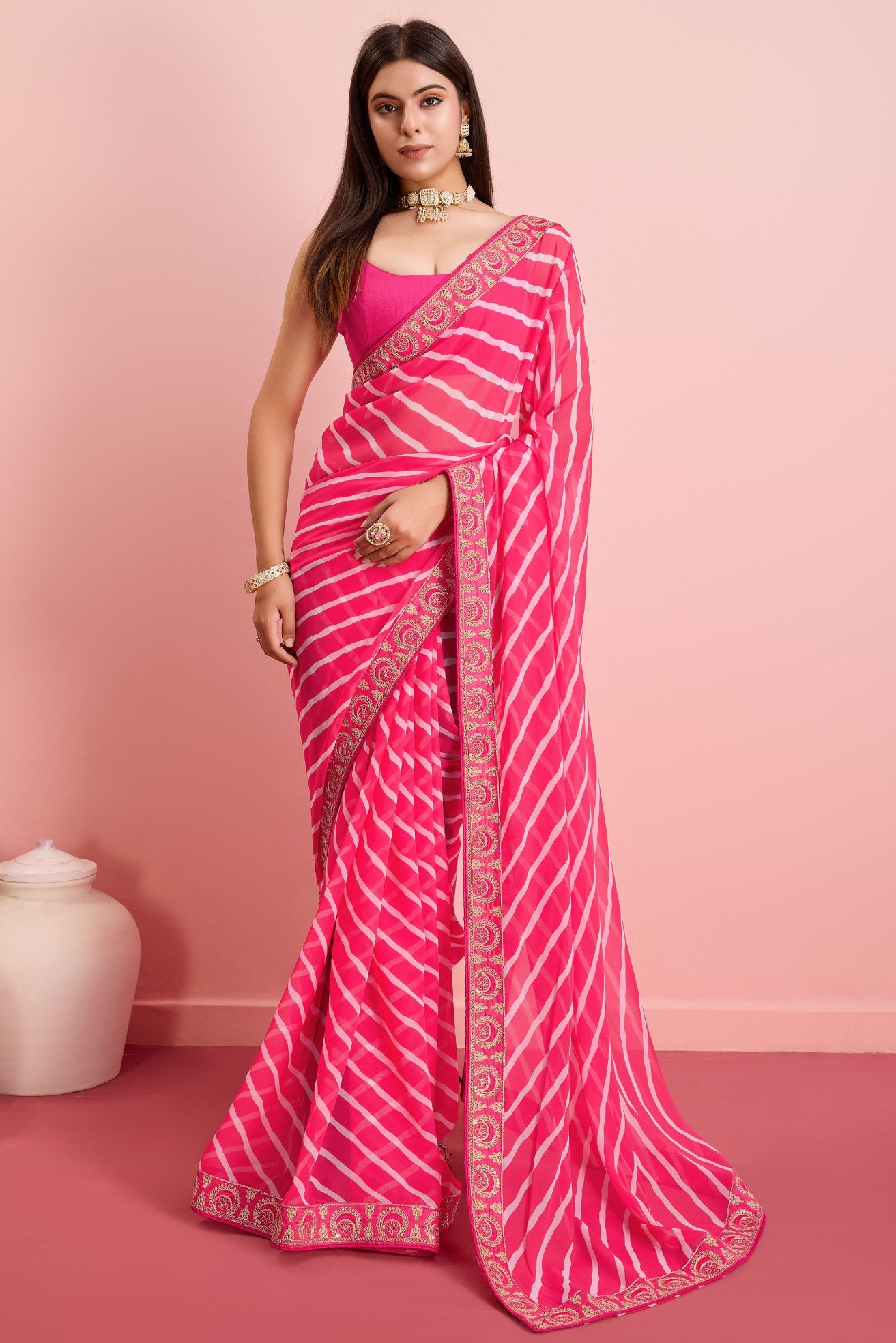 Buy MySilkLove Pink Salmon Georgette Lehriya Silk saree Online