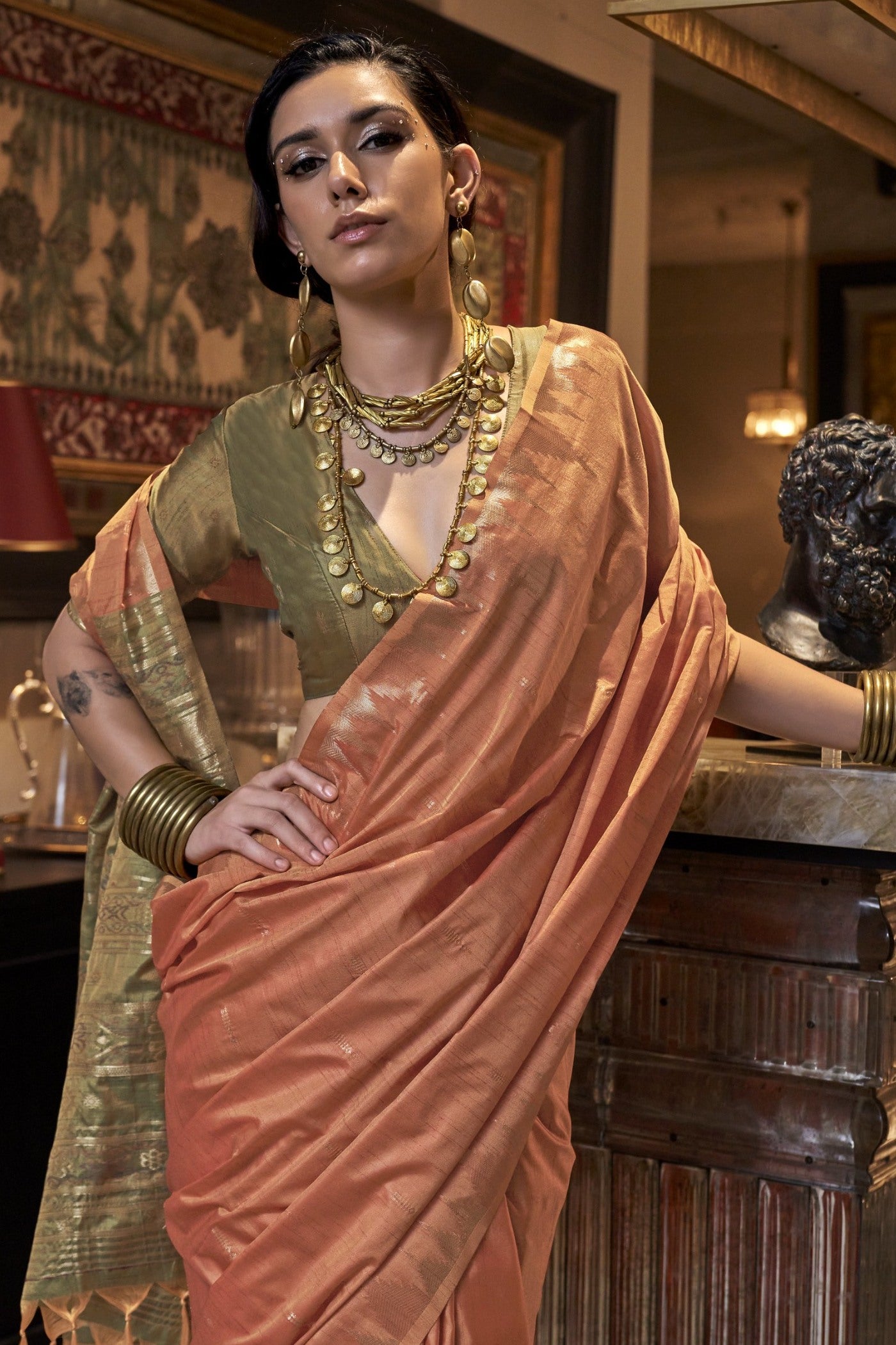 Buy MySilkLove Koromiko Orange Woven Linen Saree Online