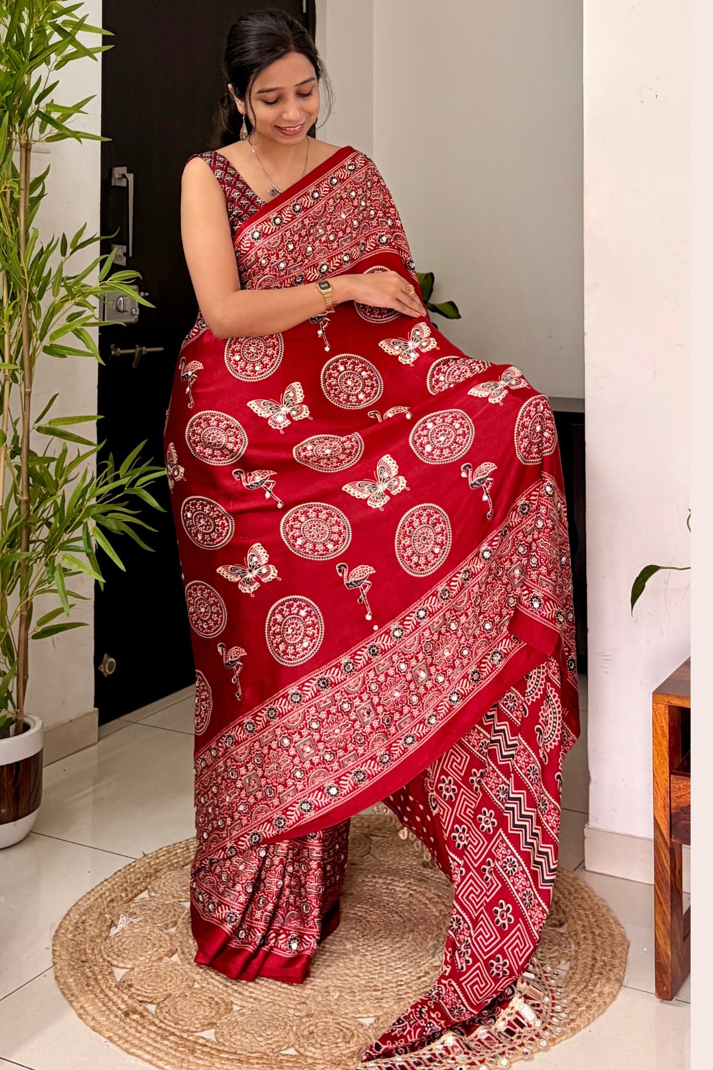 Buy MySilkLove Chili Red Ajrakh Satin Printed Mirror Work Saree Online