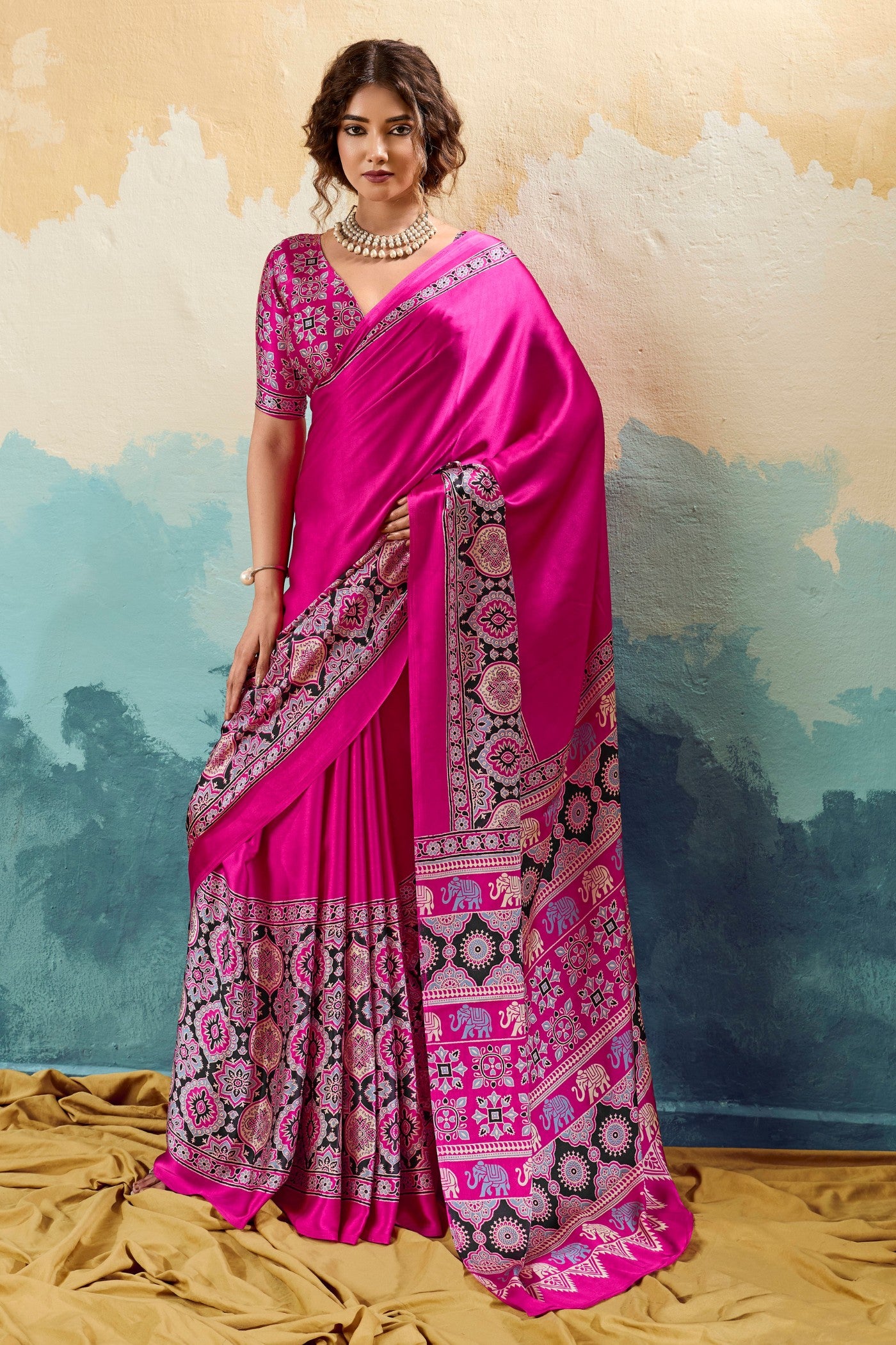 Buy MySilkLove Bubblegum Pink Modal Ajrakh Satin Printed Silk Saree Online