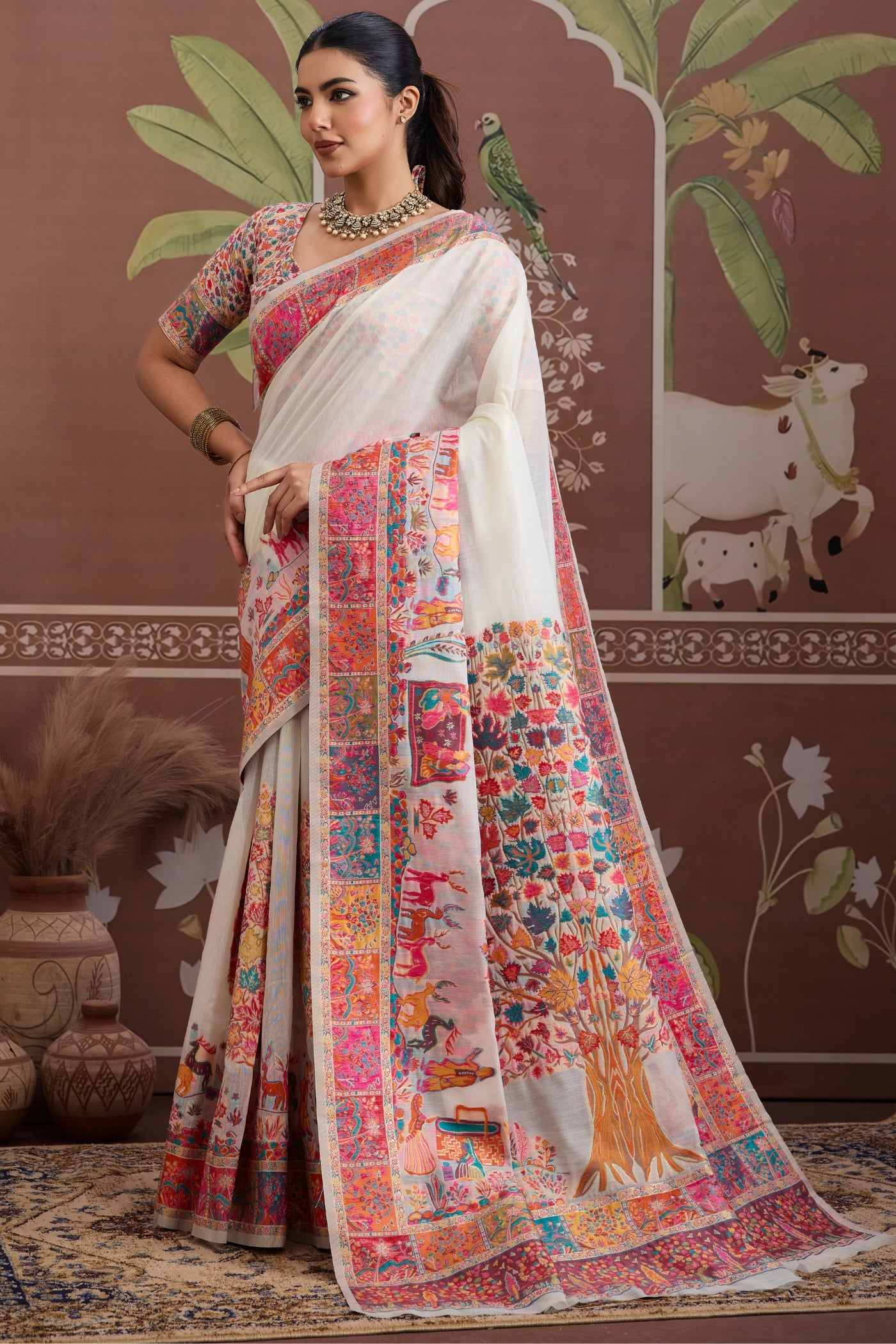 Buy MySilkLove Milk White Kashmiri Handllom Jamewar Saree Online