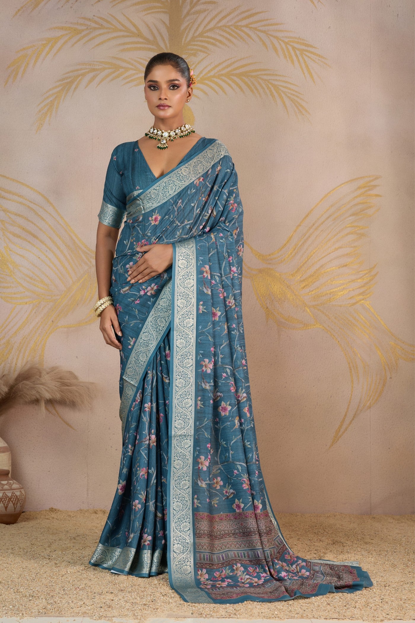 Buy MySilkLove Stormy Blue Viscose Digital Printed Saree Online