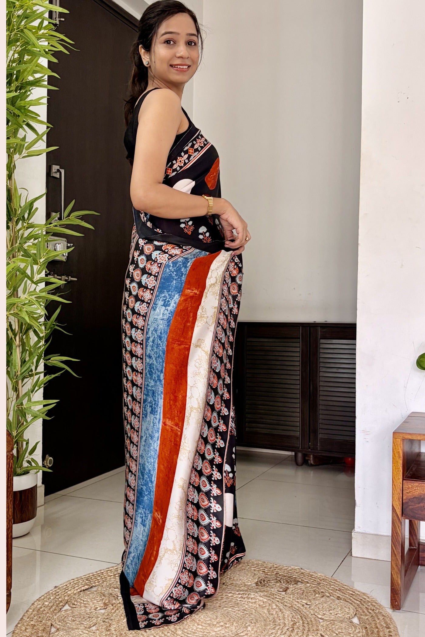 Buy MySilkLove Anthracite Black Printed Polka Dots Satin Crepe Saree Online
