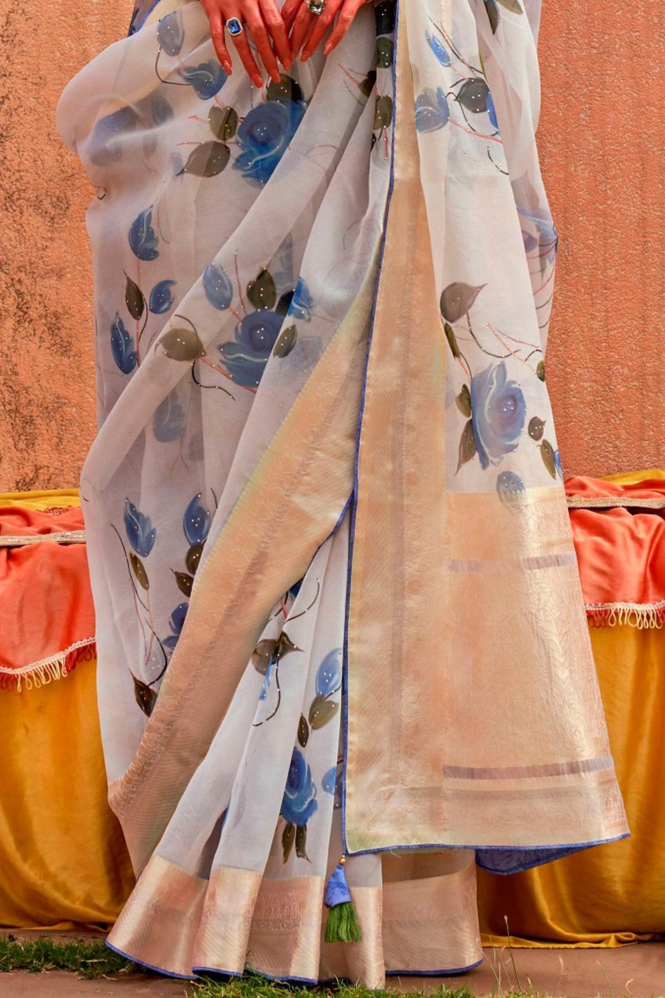 Buy MySilkLove Ice White and Blue Zari Woven Organza Saree Online