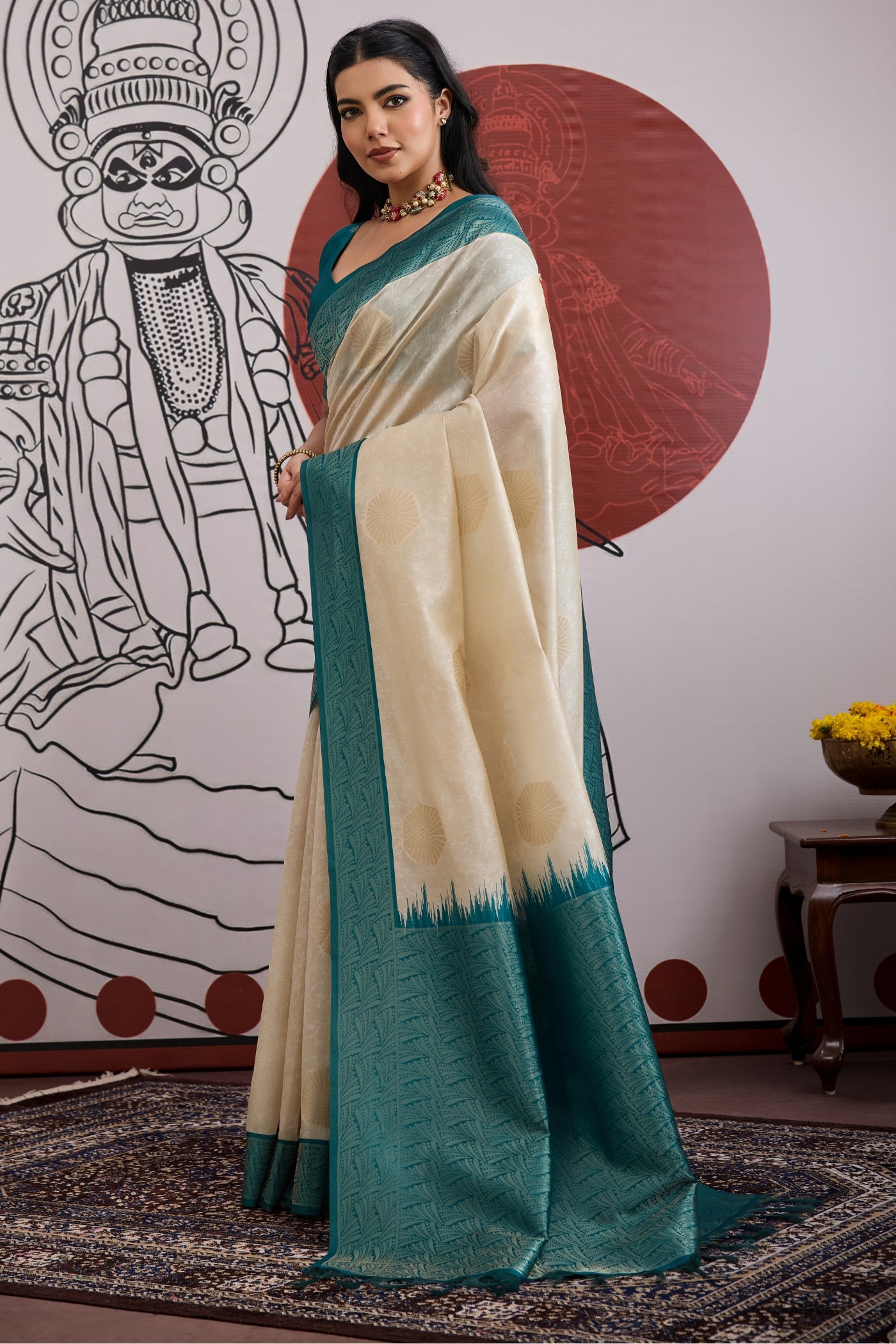 Buy MySilkLove Buttermilk Cream and Blue Handloom South Silk Saree Online