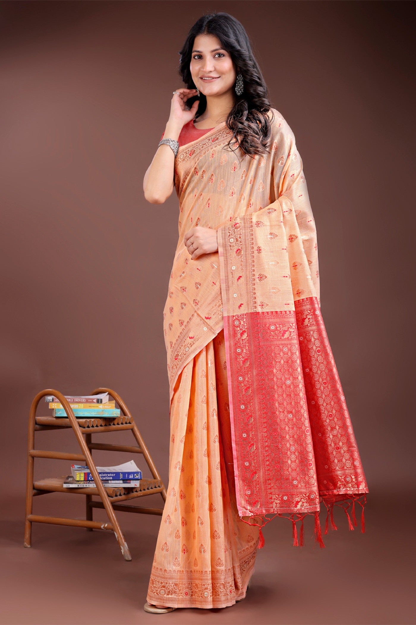 MySilkLove Salmon Peach Linen Cotton Saree