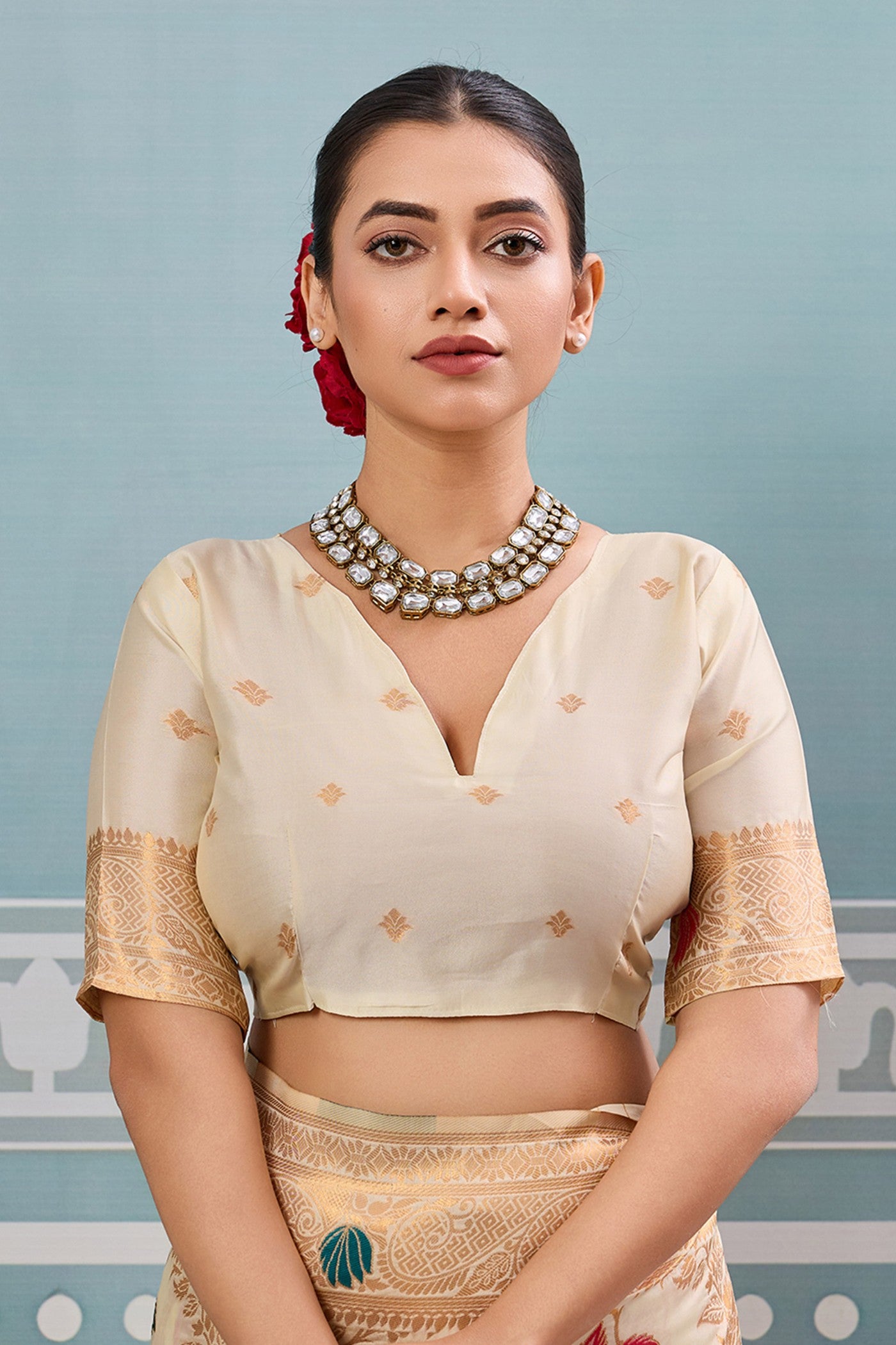 Buy MySilkLove Pueblo Cream Woven Banarasi Saree Online