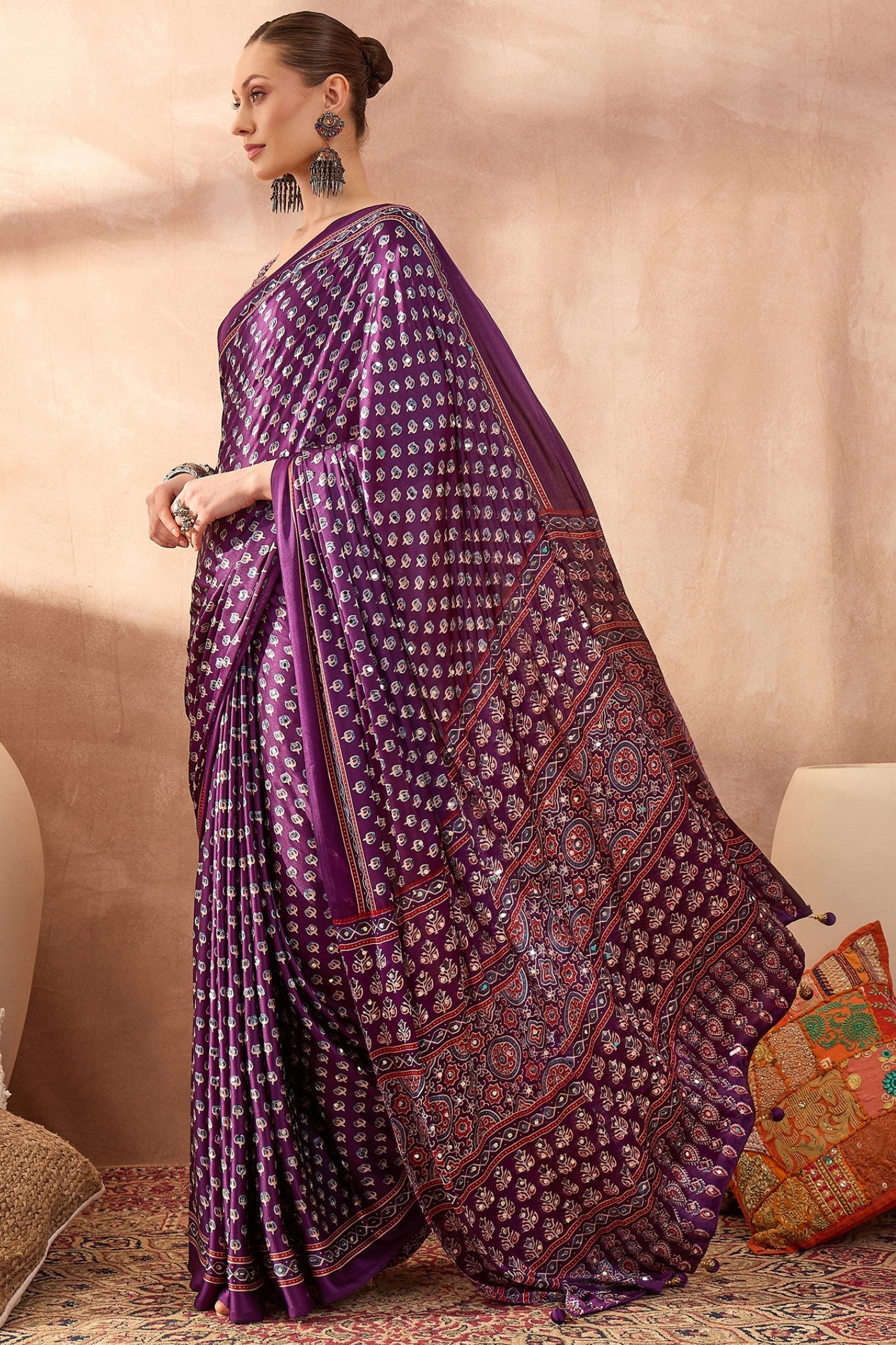 Buy MySilkLove Fuchsia Purple Modal Ajrakh Satin Printed Silk Saree Online
