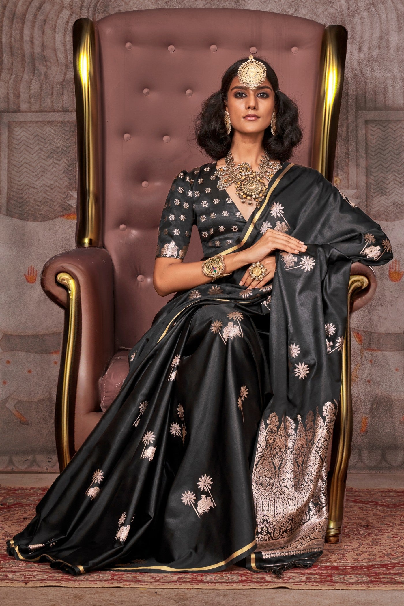 MySilkLove Tuna Black Banarasi Pichwai Satin Saree