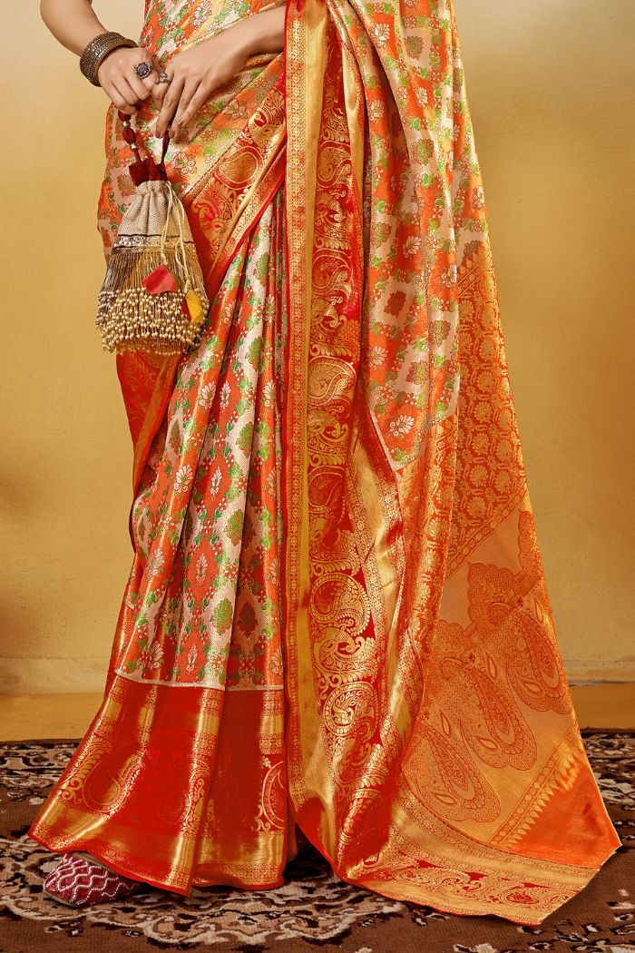 Buy MySilkLove Porsche Orange Woven Kanjivaram Saree Online