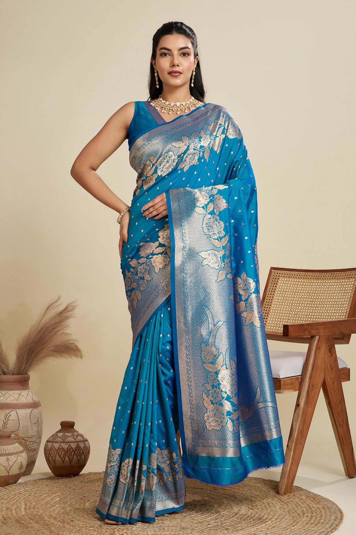 Buy MySilkLove Star Blue Zari Woven Soft Kanjivaram Saree Online