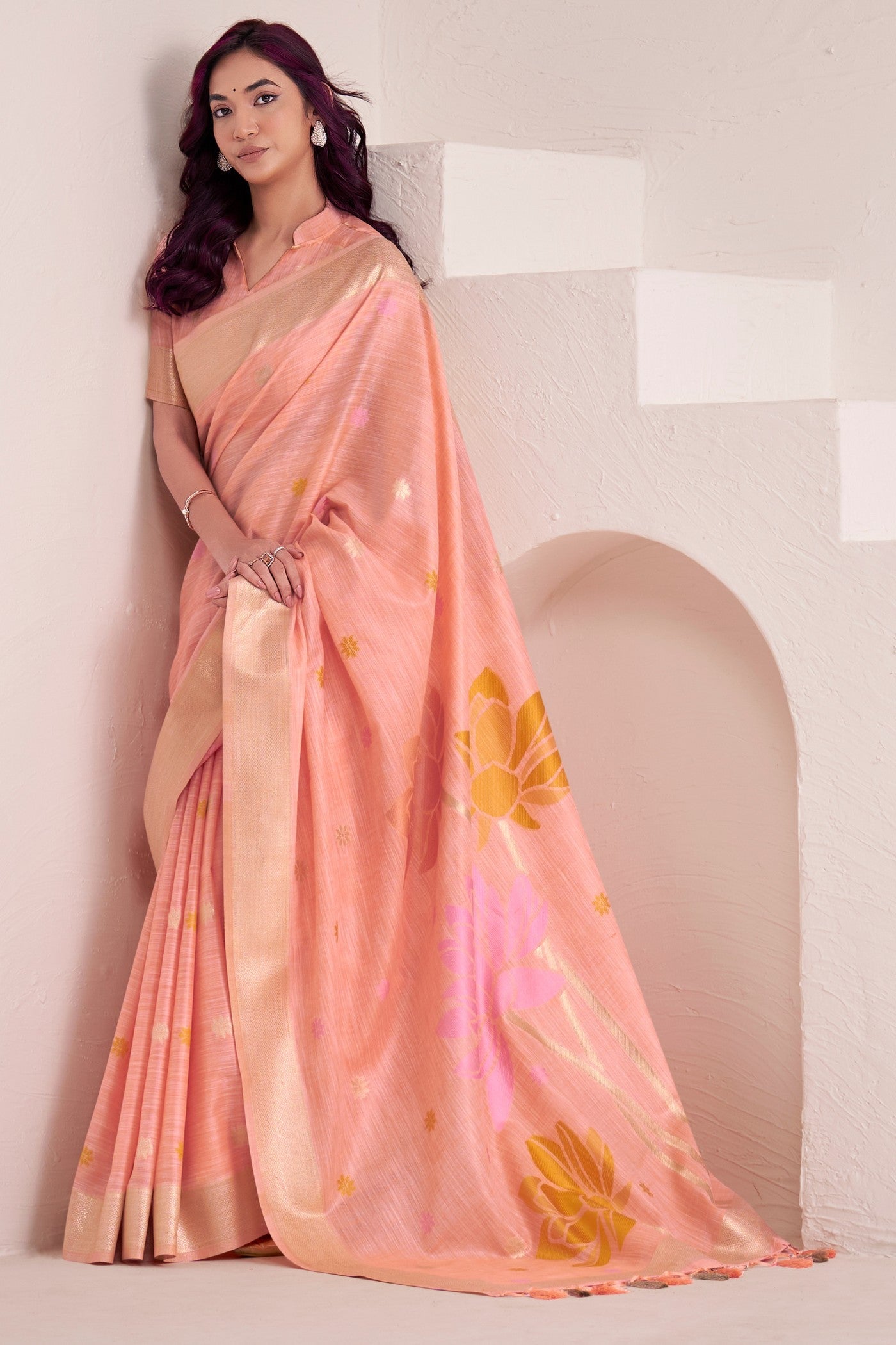 Buy MySilkLove Melon Peach Woven Linen Saree Online