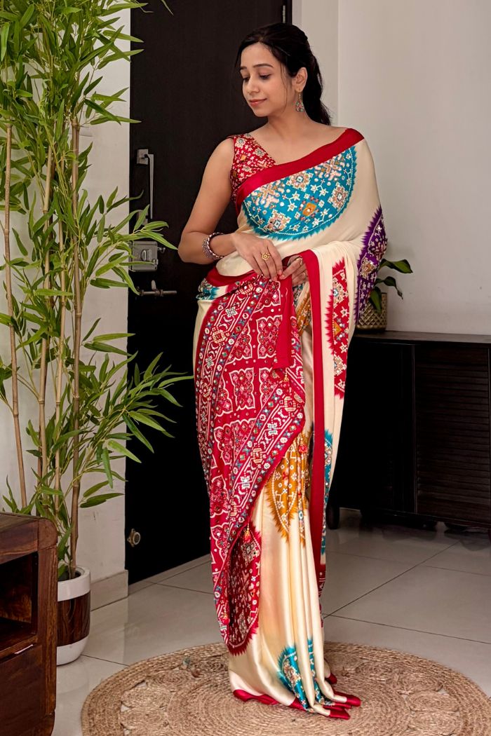 Buy MySilkLove Biscuit Cream and Red Modal Ajrakh Satin Printed Mirror Work Saree Online
