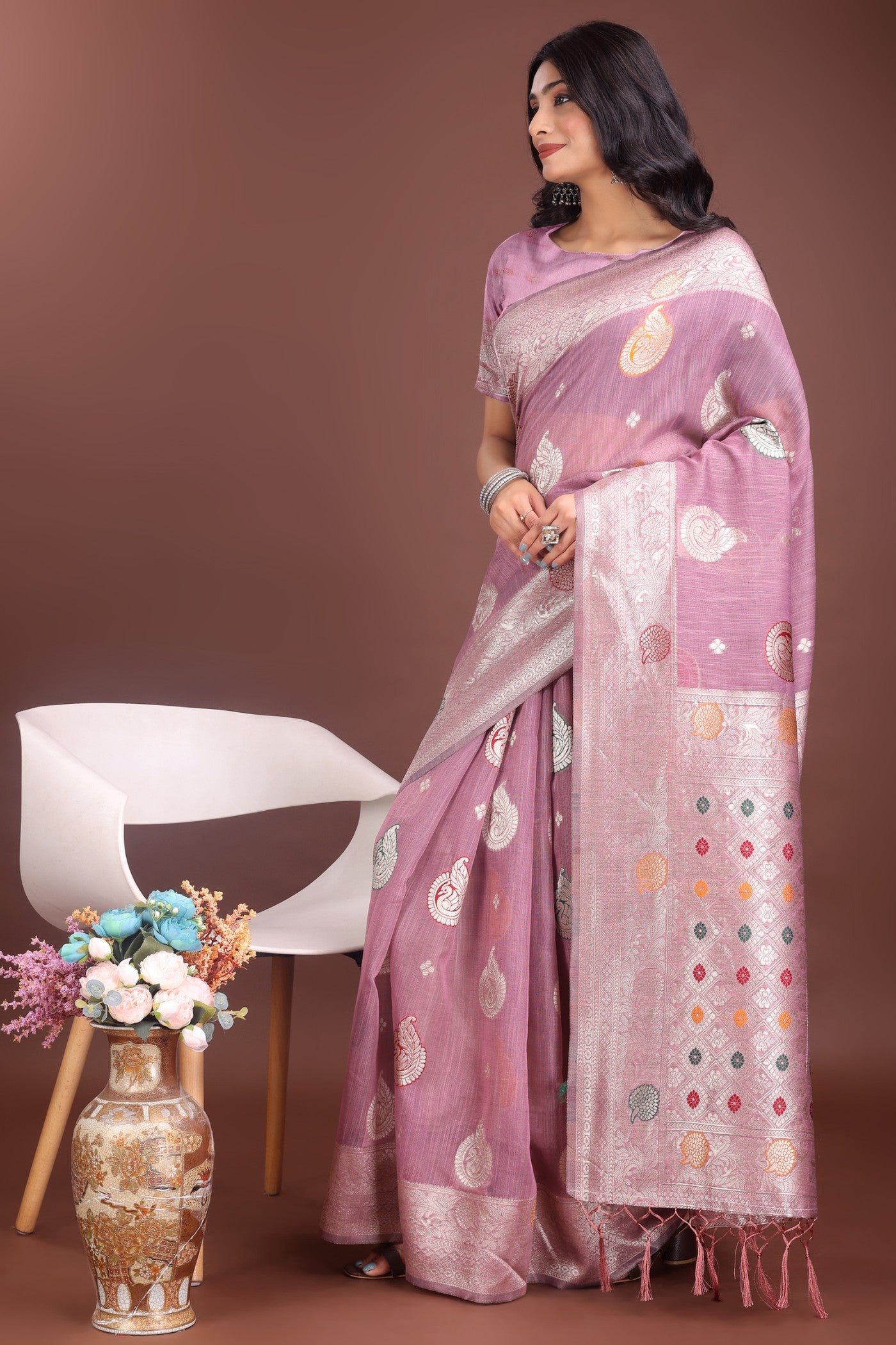 Buy MySilkLove Lily Purple Linen Cotton Saree Online