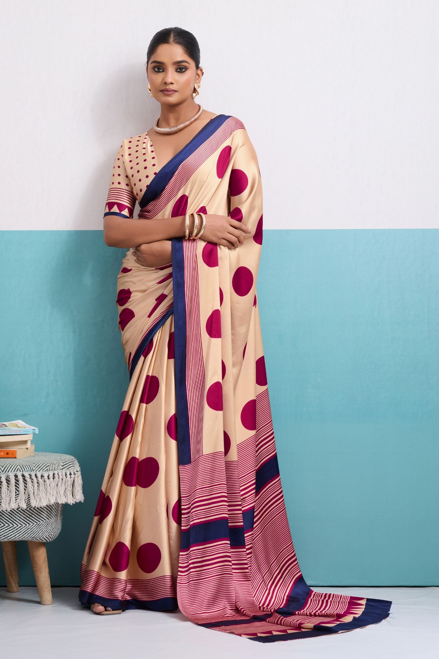 Buy MySilkLove Grace Cream and Pink Polka Dots Satin Crepe Saree Online