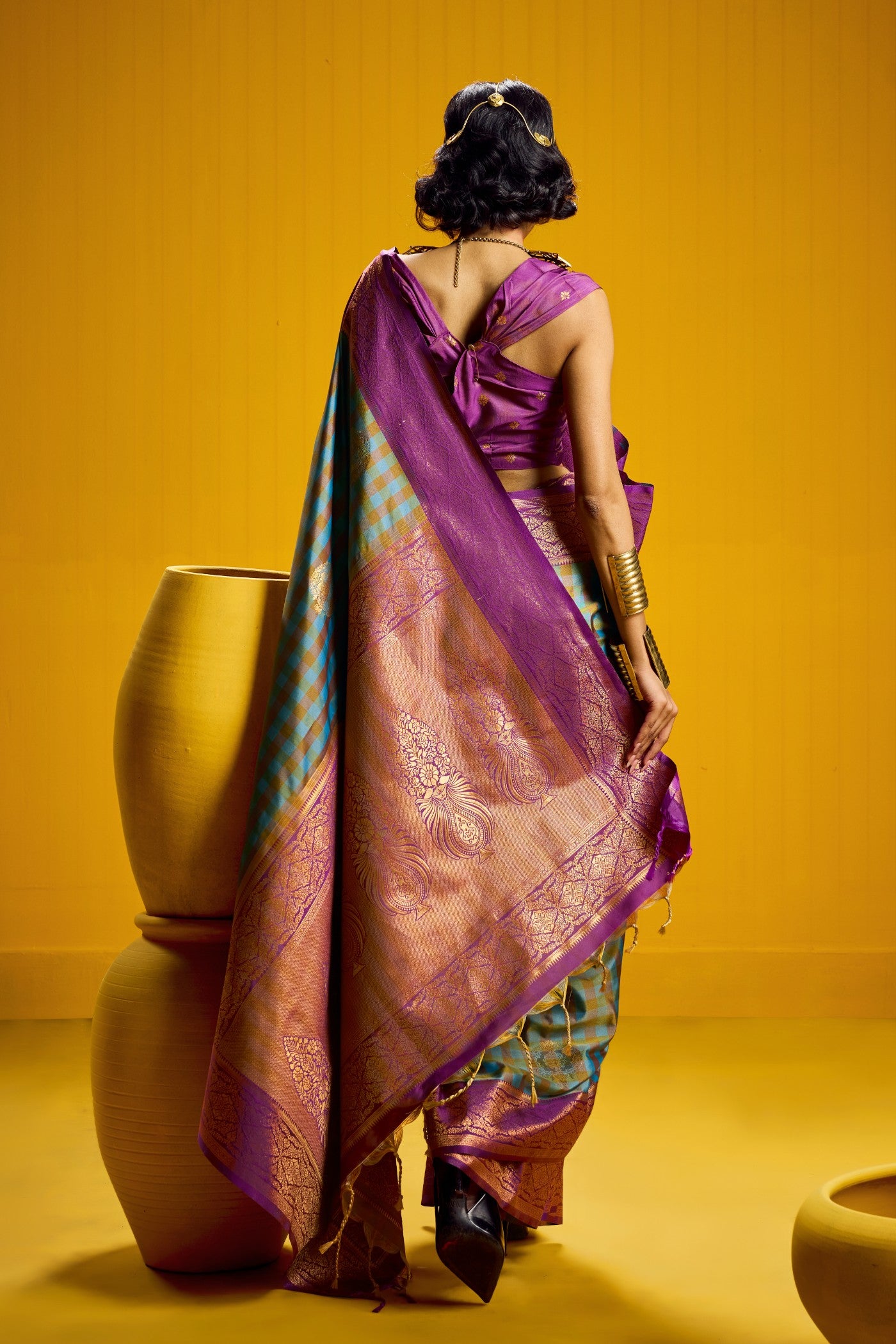 Buy MySilkLove Slate Blue Banarasi Two Tone Checks Handloom Saree Online
