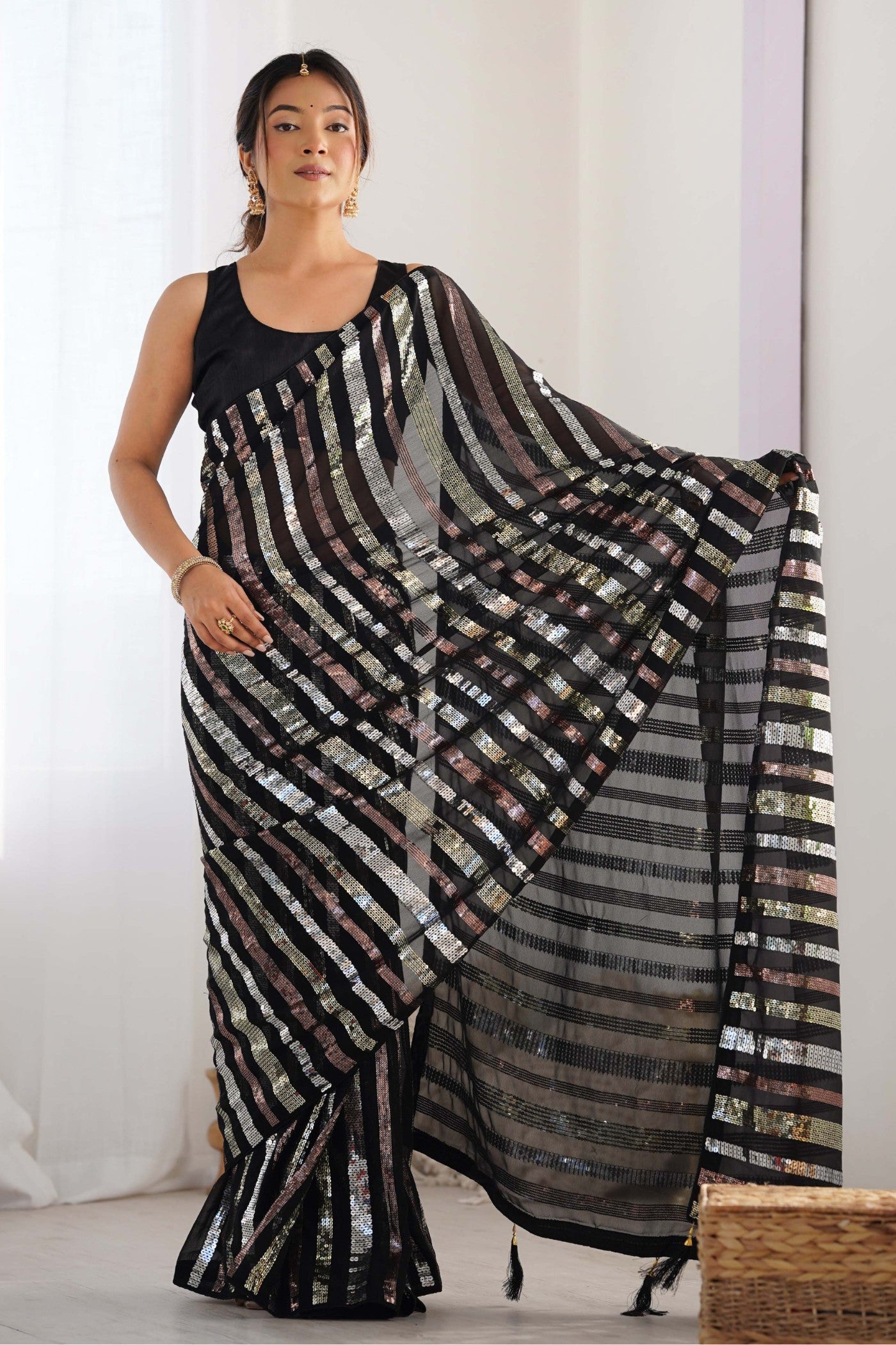 Buy MySilkLove Onyx Black Embroidered Partywear Saree Online