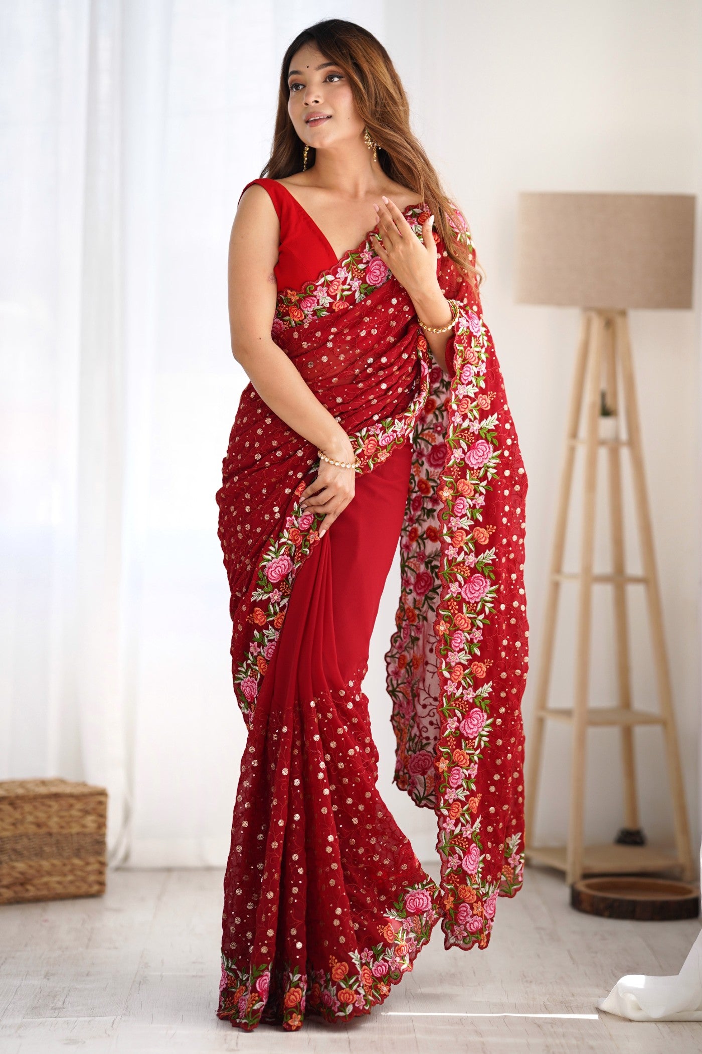 Buy MySilkLove Rose Red Embroidered Georgette Saree Online