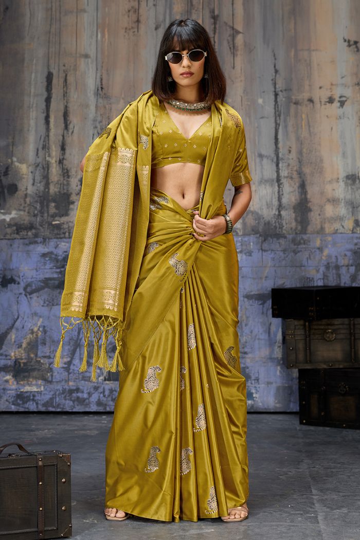 Buy MySilkLove Honey Yellow Handloom Satin Soft Silk Saree Online