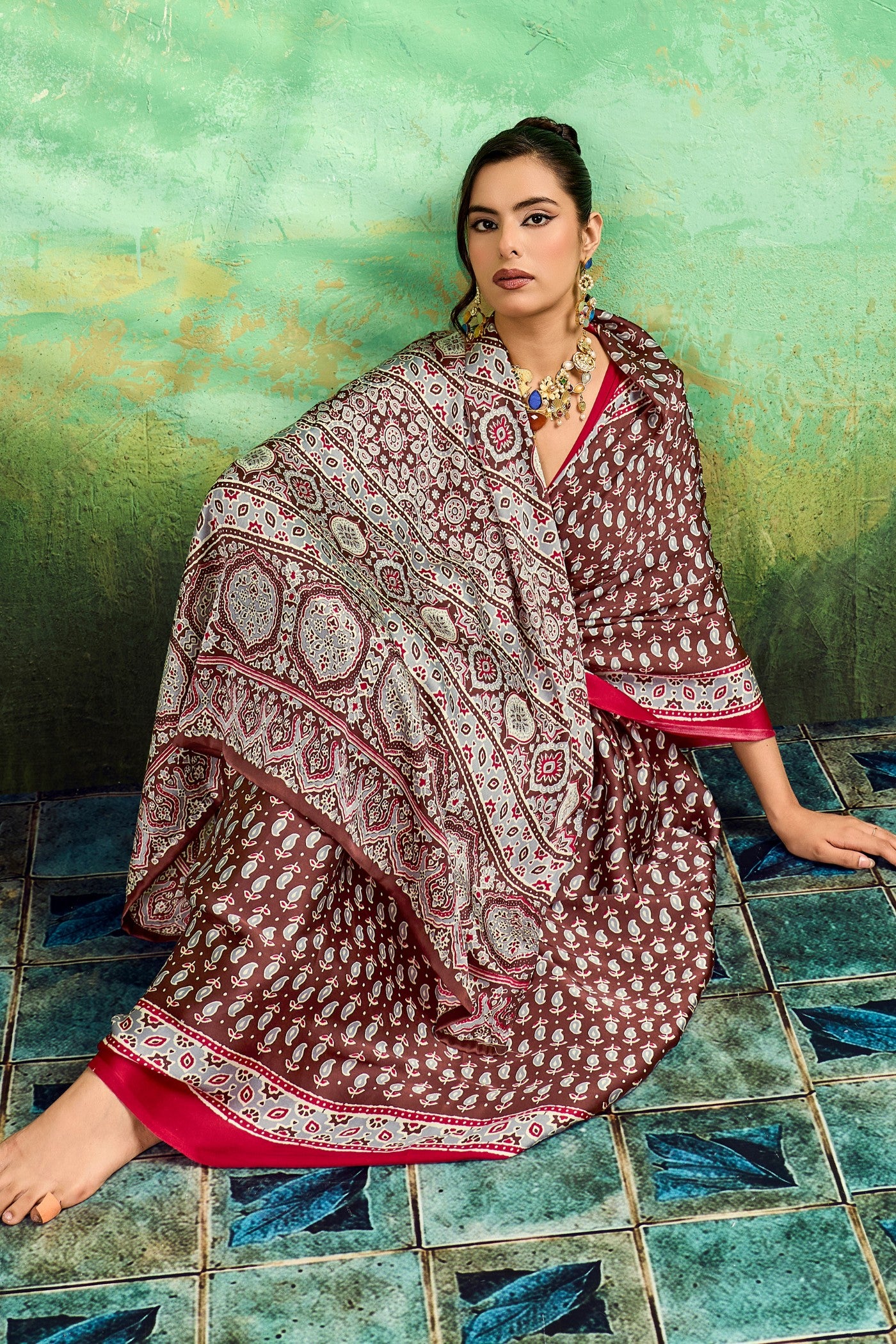 MySilkLove Wine Maroon Modal Ajrakh Satin Printed Silk Saree
