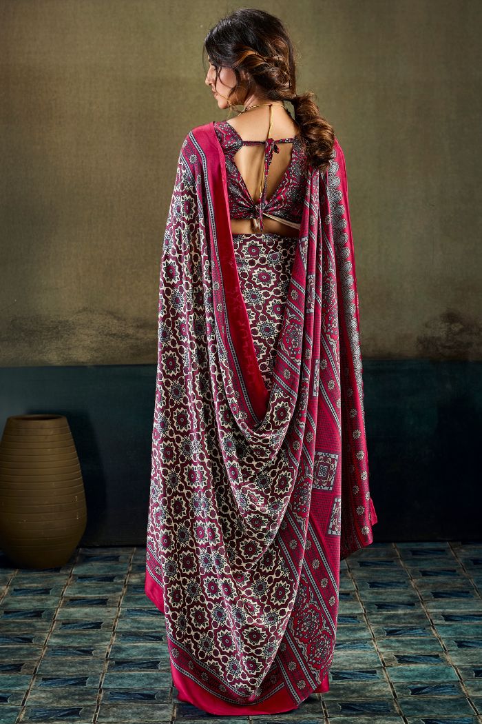 Buy MySilkLove Elegant Maroon Modal Ajrakh Satin Printed Silk Saree Online