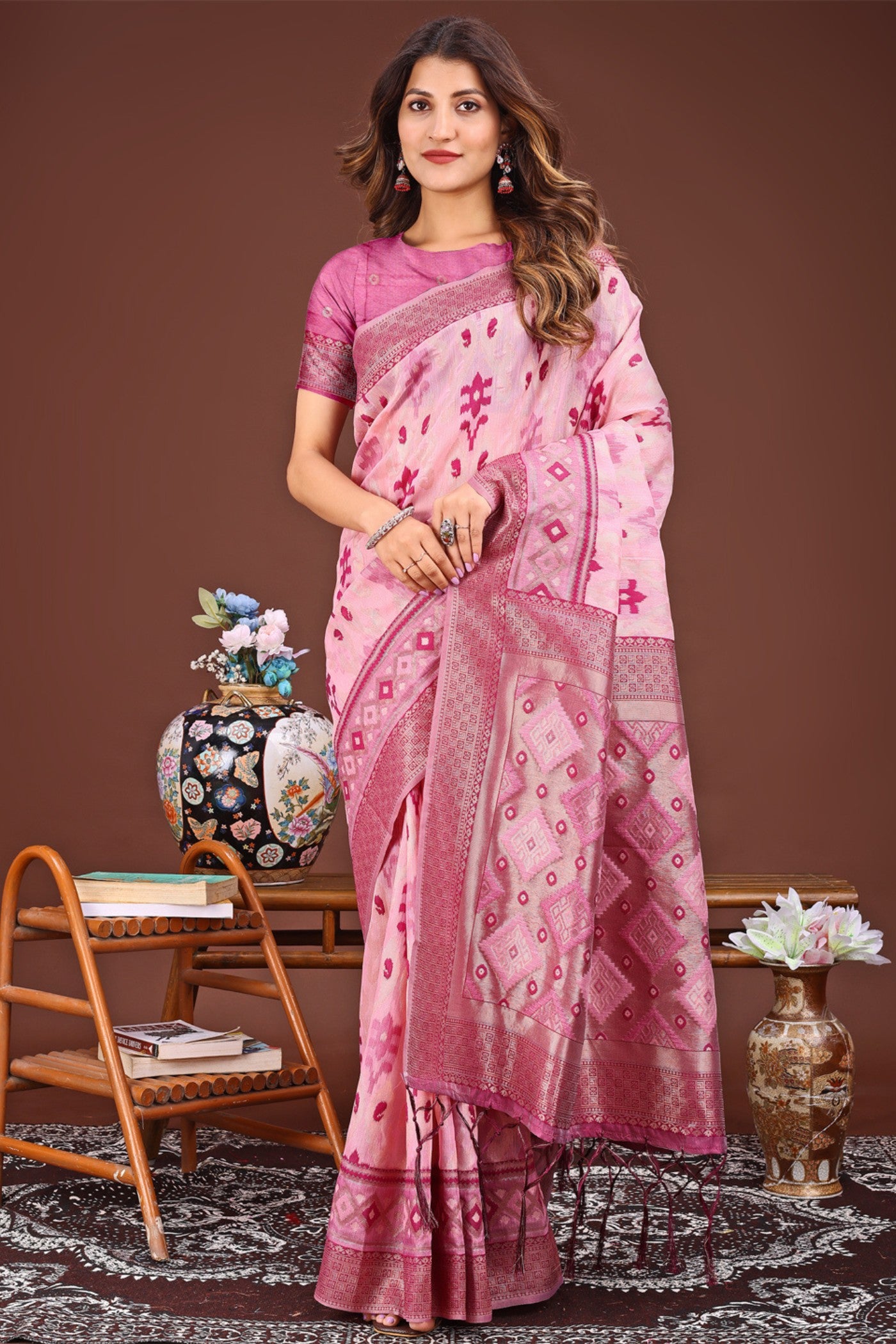 Buy MySilkLove Cameo Pink Woven Linen Cotton Saree Online