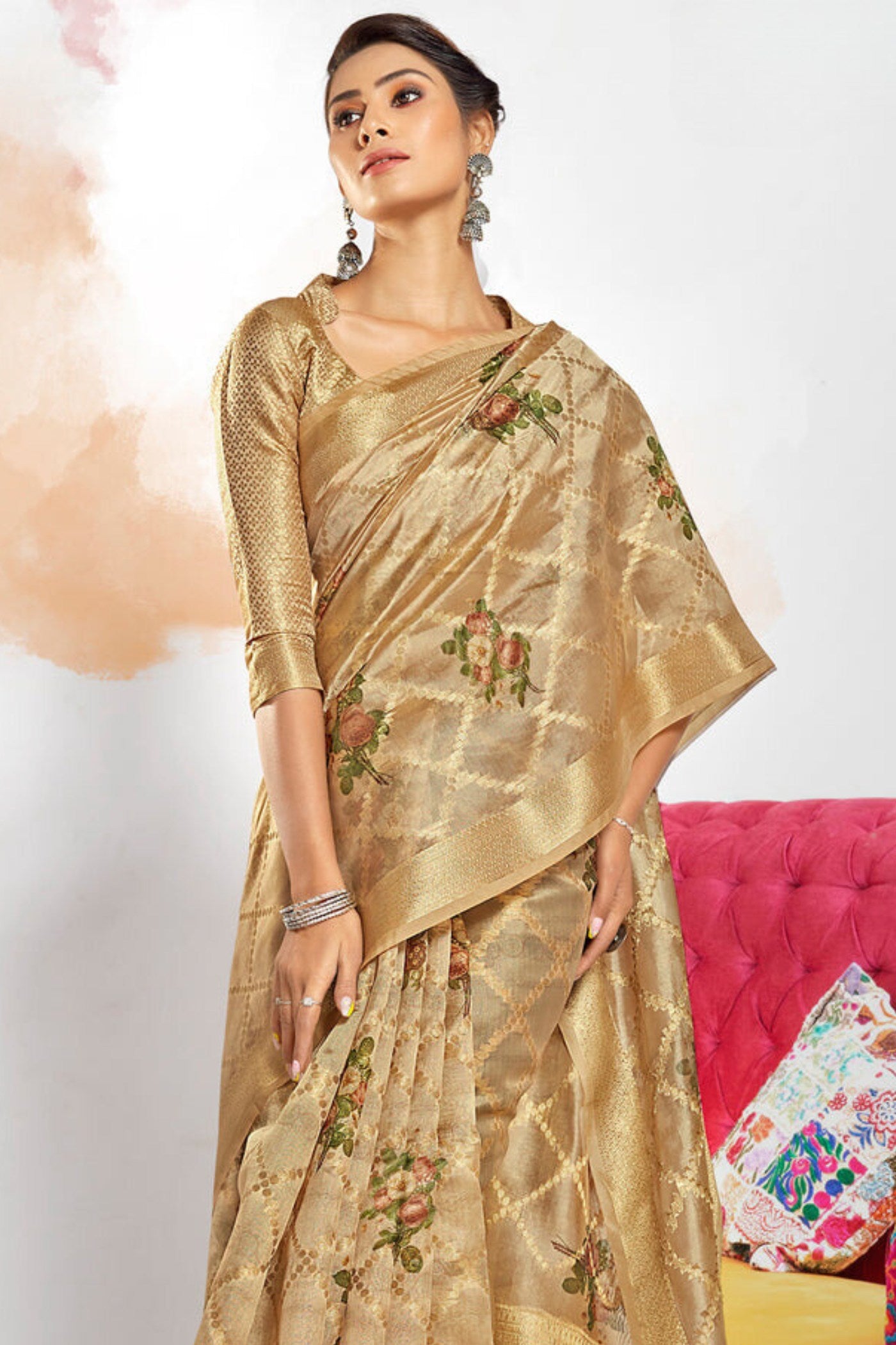 Buy MySilkLove Tussock Cream Digital Printed Banarasi Saree Online